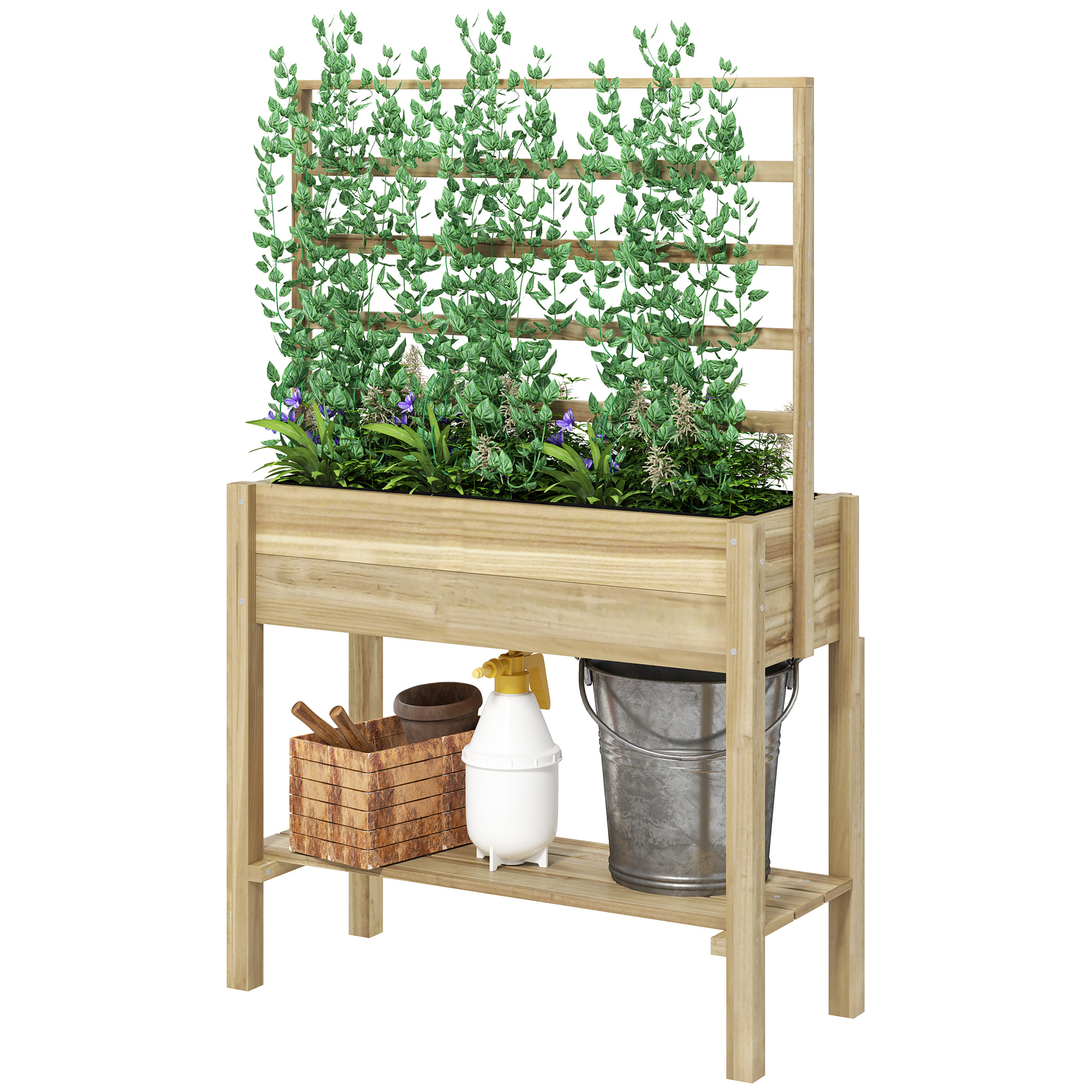 Outsunny Blumenkasten auf Ständer, erhöhtes Garten-Hochbeet auf Ständer, mit Gitter, Entwässerungslöchern und unterem Regal, erhöhtes Blumenbeet aus Holz für Blumen, 88 x 37 x 137 cm, Naturholz Aosom
