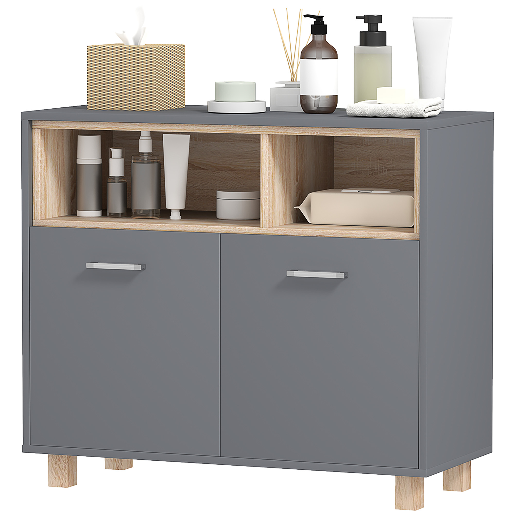HOMCOM Badezimmerschrank Aufbewahrung, modernes Design mit offenen Fächern und Doppeltüren, Badezimmerschrank, Wohnzimmer, Küche - 80 B x 35 T x 70 H cm, Grau Aosom
