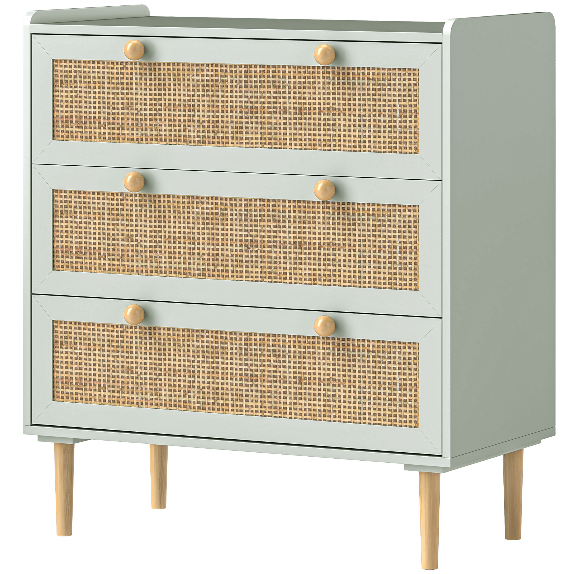 HOMCOM Kommode 3 Schubladen Schlafzimmer Schrank Bohème-Stil mit Holzrahmen, Rattankommode für Schlafzimmer, Wohnzimmer, Eingang, 80 x 40 x 87,5 cm, Hellblau Aosom