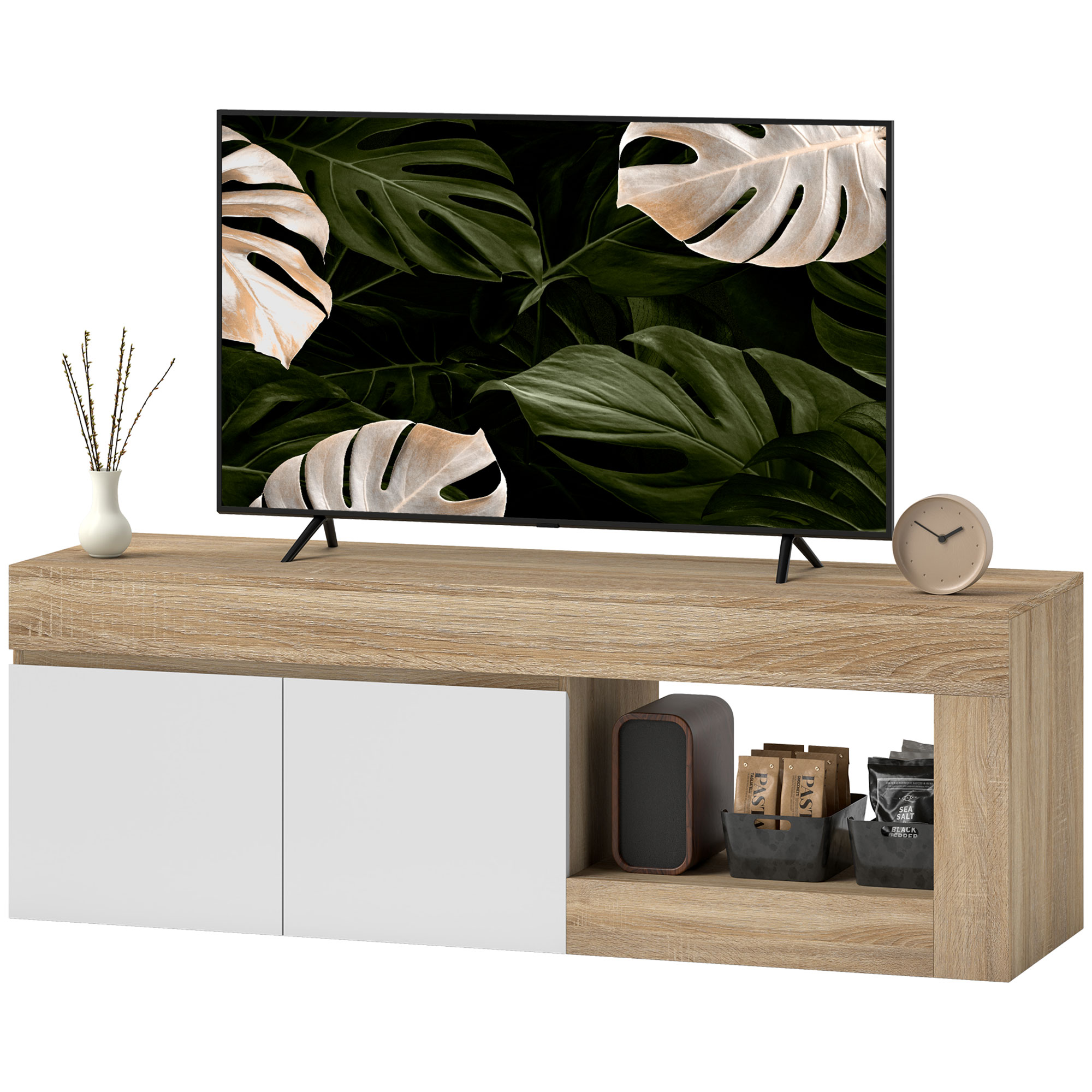 HOMCOM TV-Möbel Fernsehmöbel Holz TV-Bank für Fernseher bis zu 60 Zoll mit 2-türigem Schrank und offenem Fach für Wohnzimmer Schlafzimmer, 140 x 40 x 48 cm, Naturholzeffekt   Aosom
