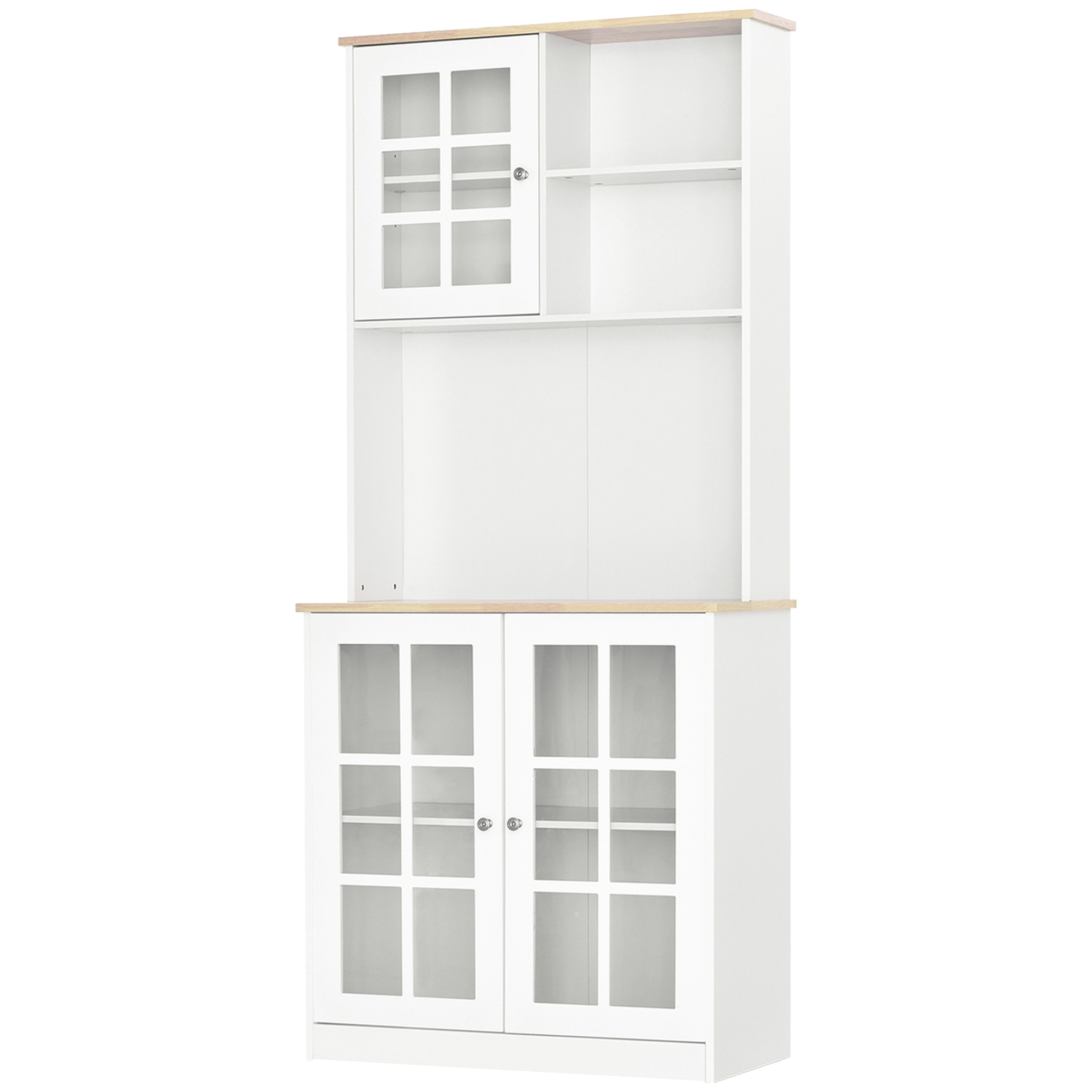 HOMCOM Küchenbuffet, Küchenschrank-Vitrine mit vielen Stauräumen, 3 Glasfronten mit Regal, 2 Fächer, große Arbeitsplatte, MDF weiß Eiche   Aosom