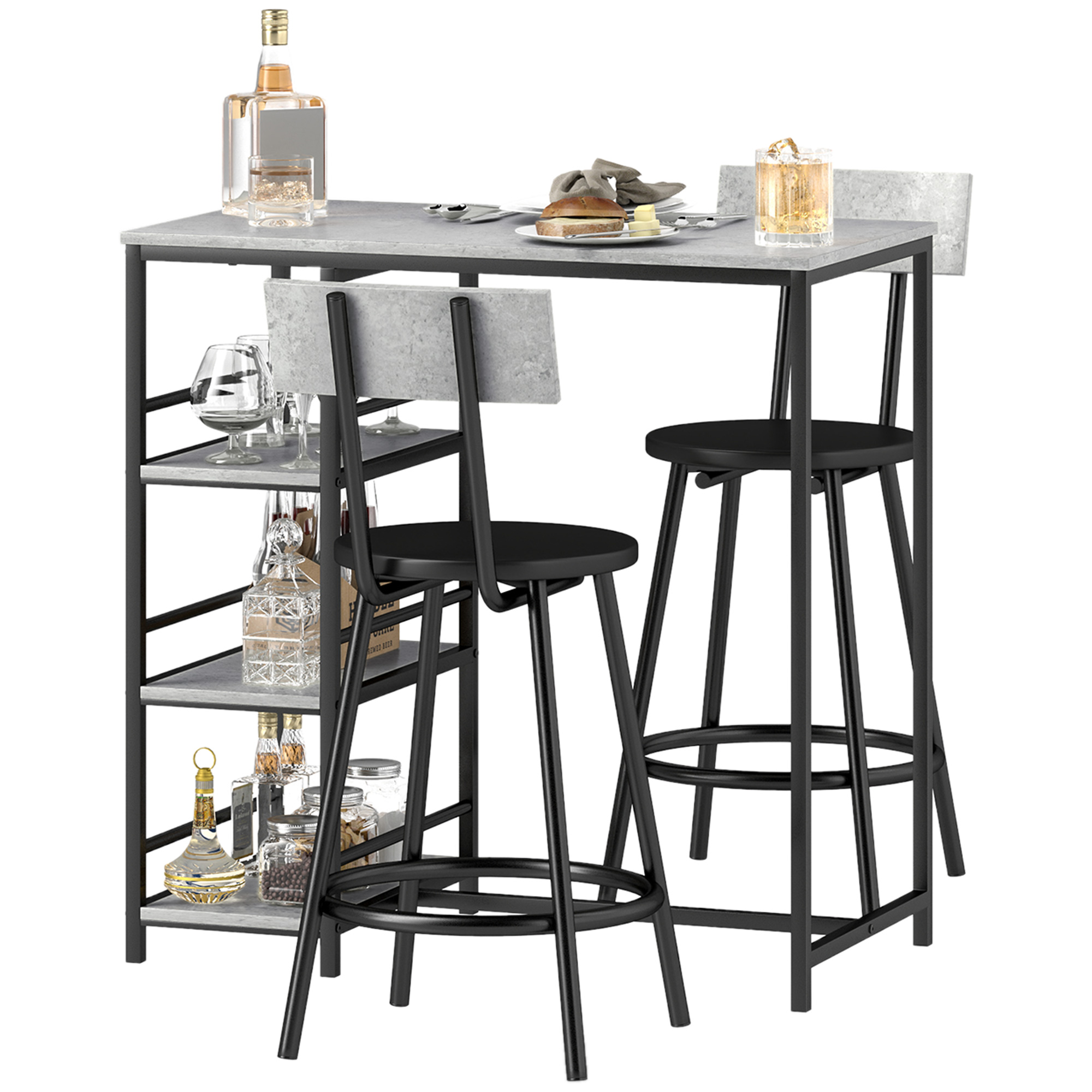 HOMCOM Barisch-Set mit Hockern, Stehtisch mit 2 Barhockern, Küchenbar mit Regalen, hoher Barisch und 2 Hocker für Esszimmer, Küche, Grau und Schwarz   Aosom