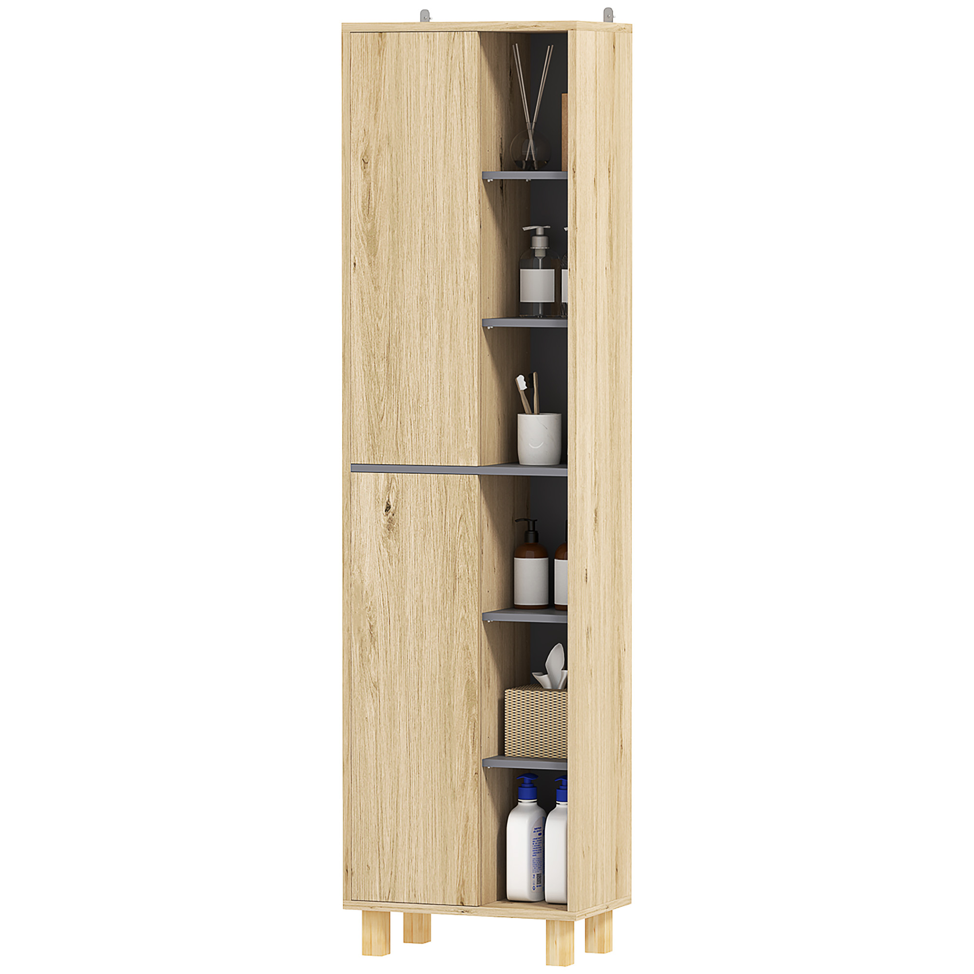HOMCOM Badezimmer Hochschrank, Badezimmerschrank mit 6 offenen Fächern und 2 Schränken, dim. 40 B x 24 T x 148 H cm, natürliche Holzoptik   Aosom