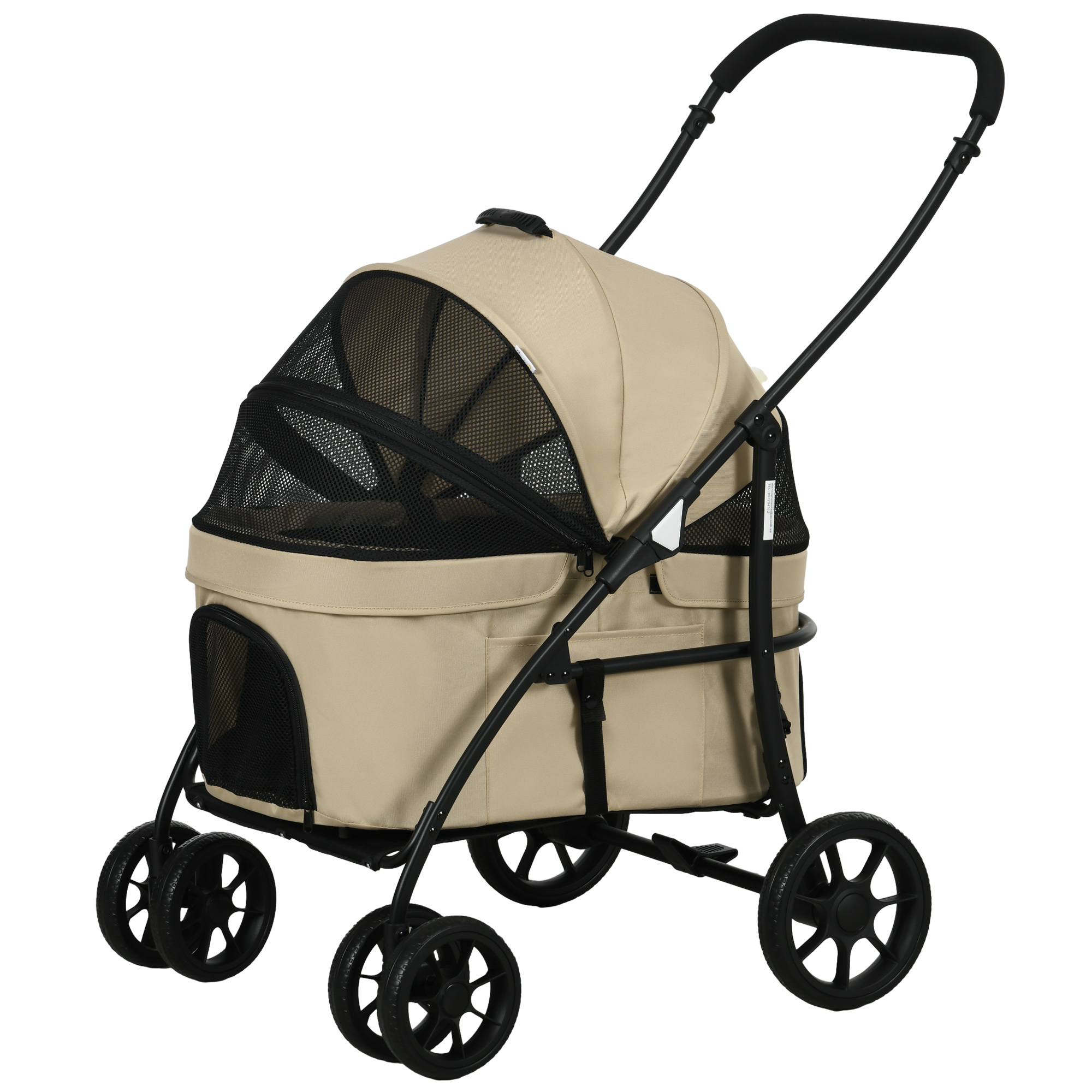 PawHut Hundekinderwagen und Katzenkinderwagen 2 in 1, klappbarer Wagen für Katzenwelpen mit abnehmbarer Wanne, Kissen, Sicherheitsgurt, bis zu 10 kg, Stahl 81 x 68 x 98,5 cm, Khaki Aosom