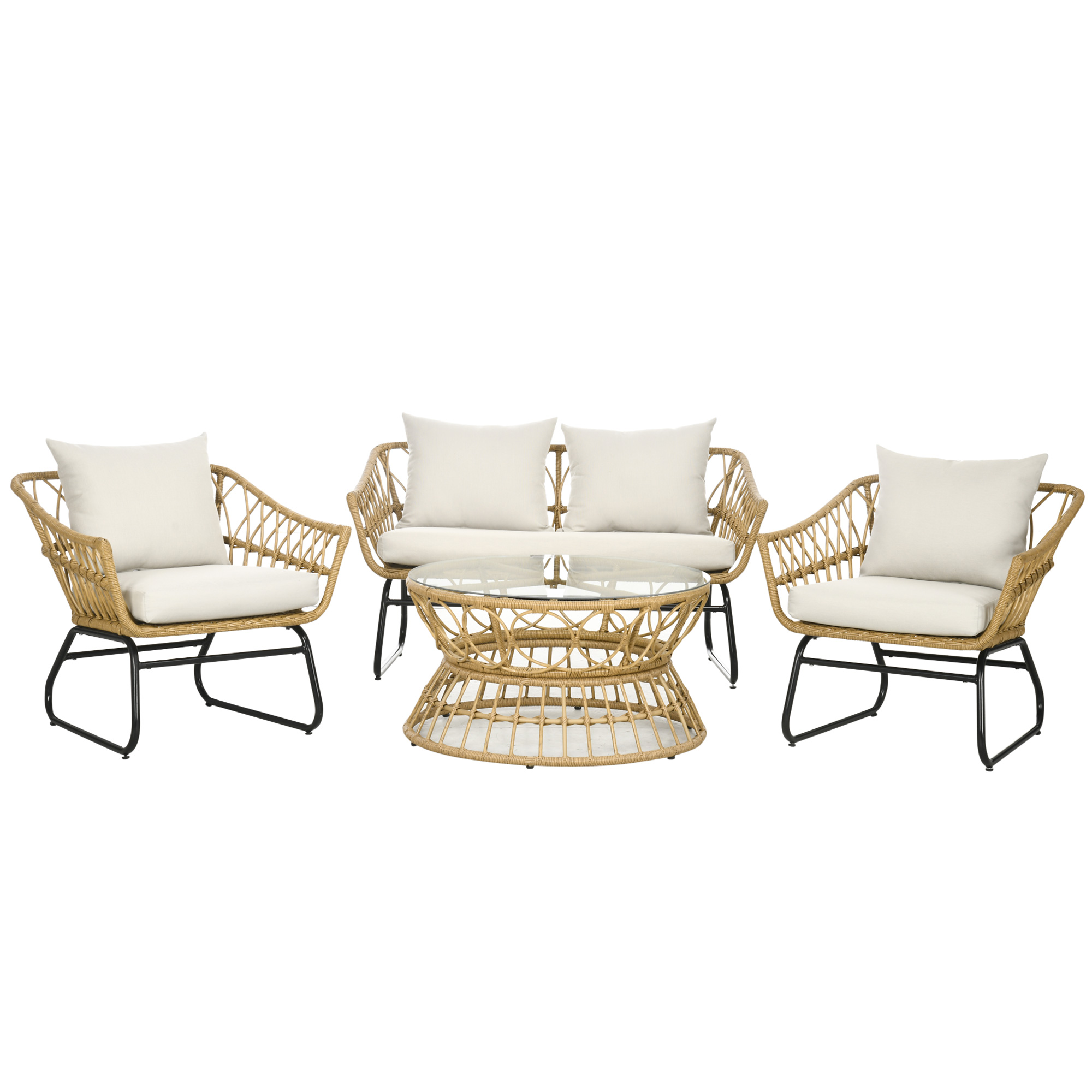 Outsunny Gartenmöbel 4-teilig aus Polyrattan 2-Sitzer-Sofa + 2 Sessel + 1 Glastisch gehärtete Glasplatte 7 Kissen - Stahlstruktur - Sand und Creme Aosom