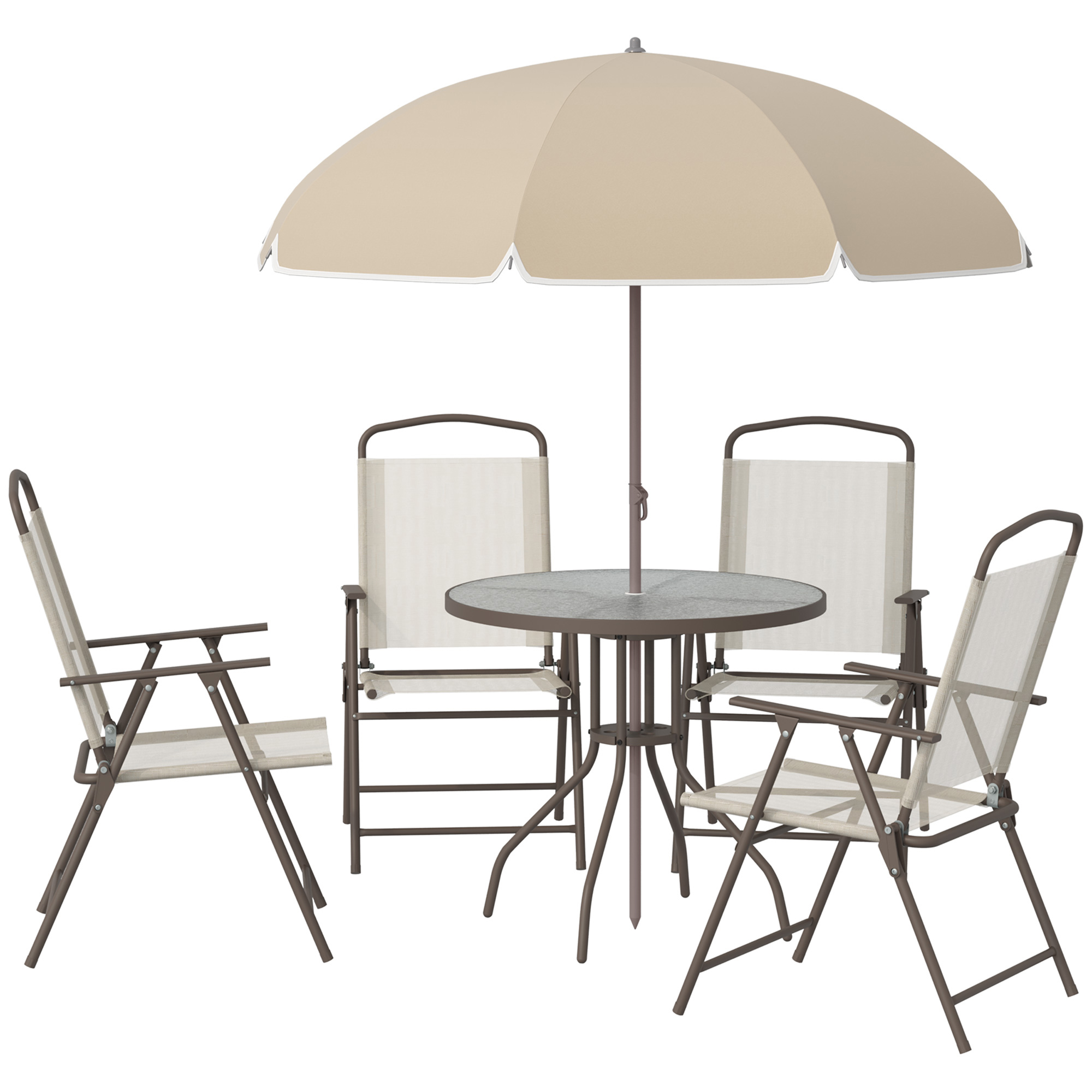 Outsunny Gartenmöbelset 6-teilig - Runder Tisch + 4 klappbare Stühle + Sonnenschirm - Epoxidbeschichteter Stahl in Braun Textilene Polyester in Beige Aosom