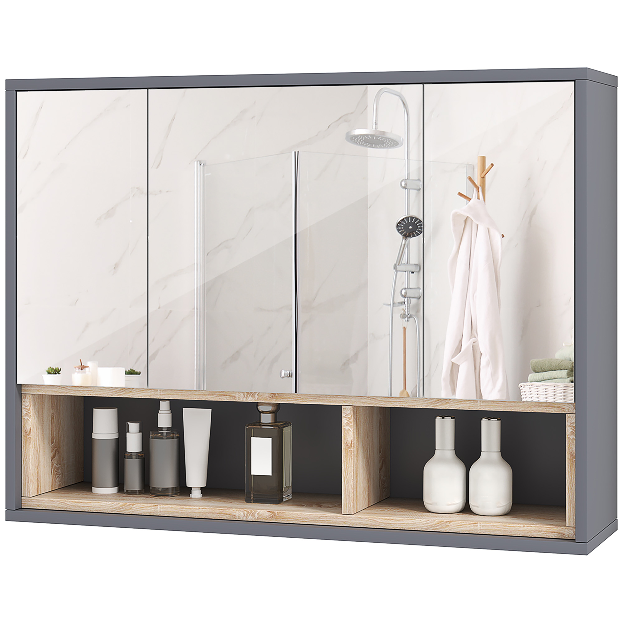 HOMCOM Wandmontage Schrank, Badezimmermöbel mit Spiegel Schrank hängend, Badezimmerspiegel mit Aufbewahrung, Schränke mit 3 Türen und 8 Fächern, Maße 80L x 20B x 60H cm, Grau Aosom