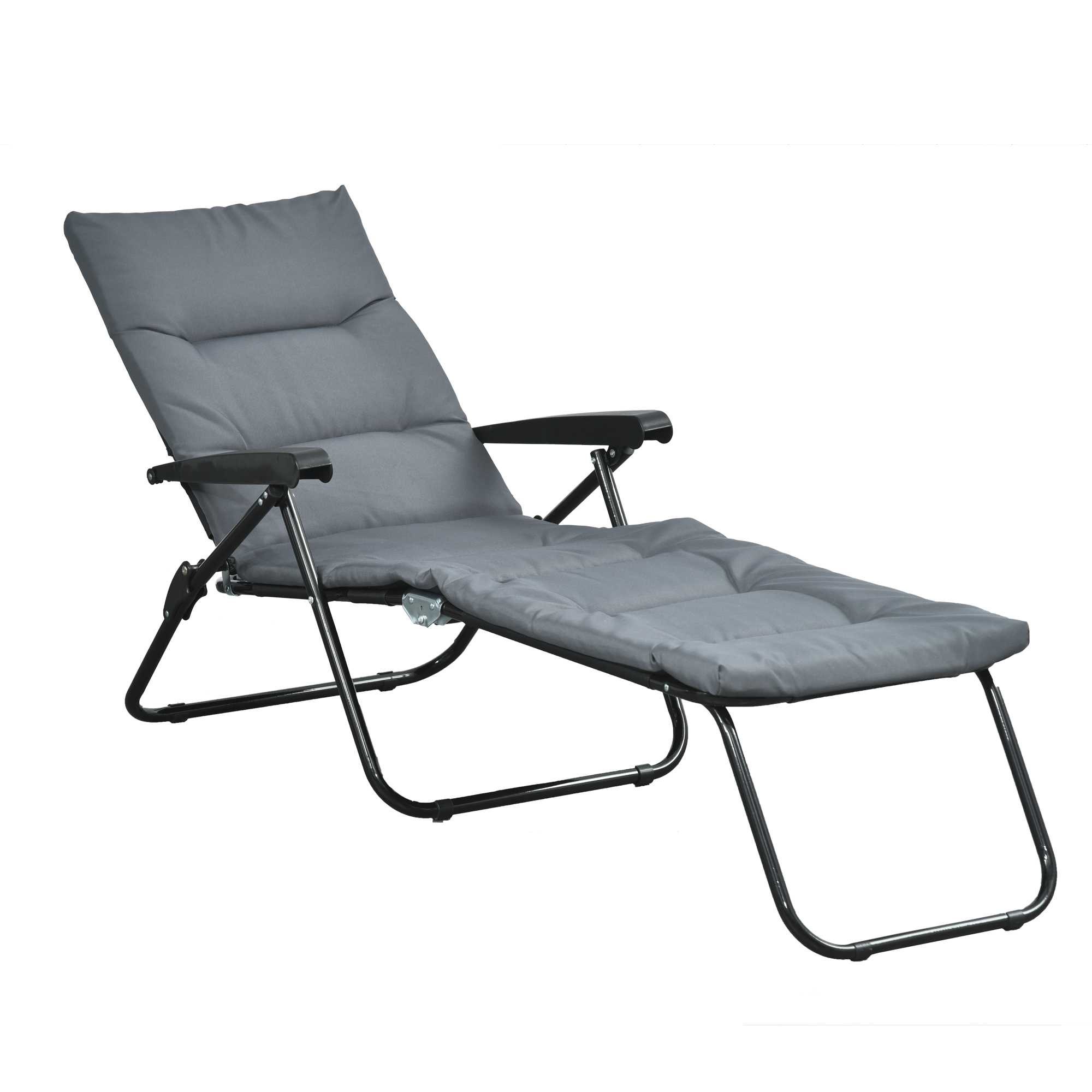 Outsunny Klappbare Sonnenliege mit 6-fach verstellbarer Rückenlehne, hoher Komfort mit Matratze + Armlehnen aus Stahl und Polyester in Grau Aosom