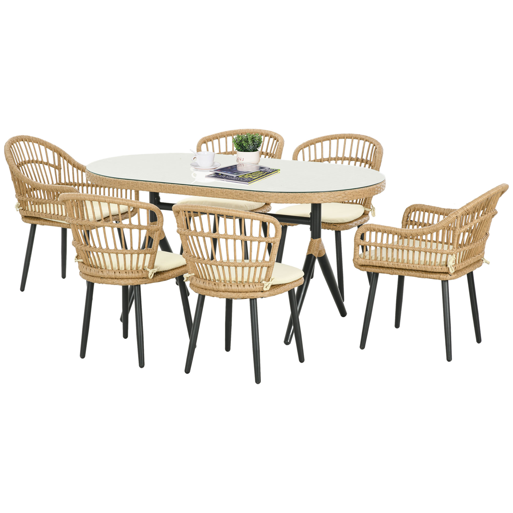 Outsunny Salon de Jardin 6 Personen Rattan PE Esszimmer-Set - 1 rechteckiger Tisch und 6 Stühle mit Kissen - gehärtete Glastischplatte, Stahlrahmen, Natürliches Holz   Aosom