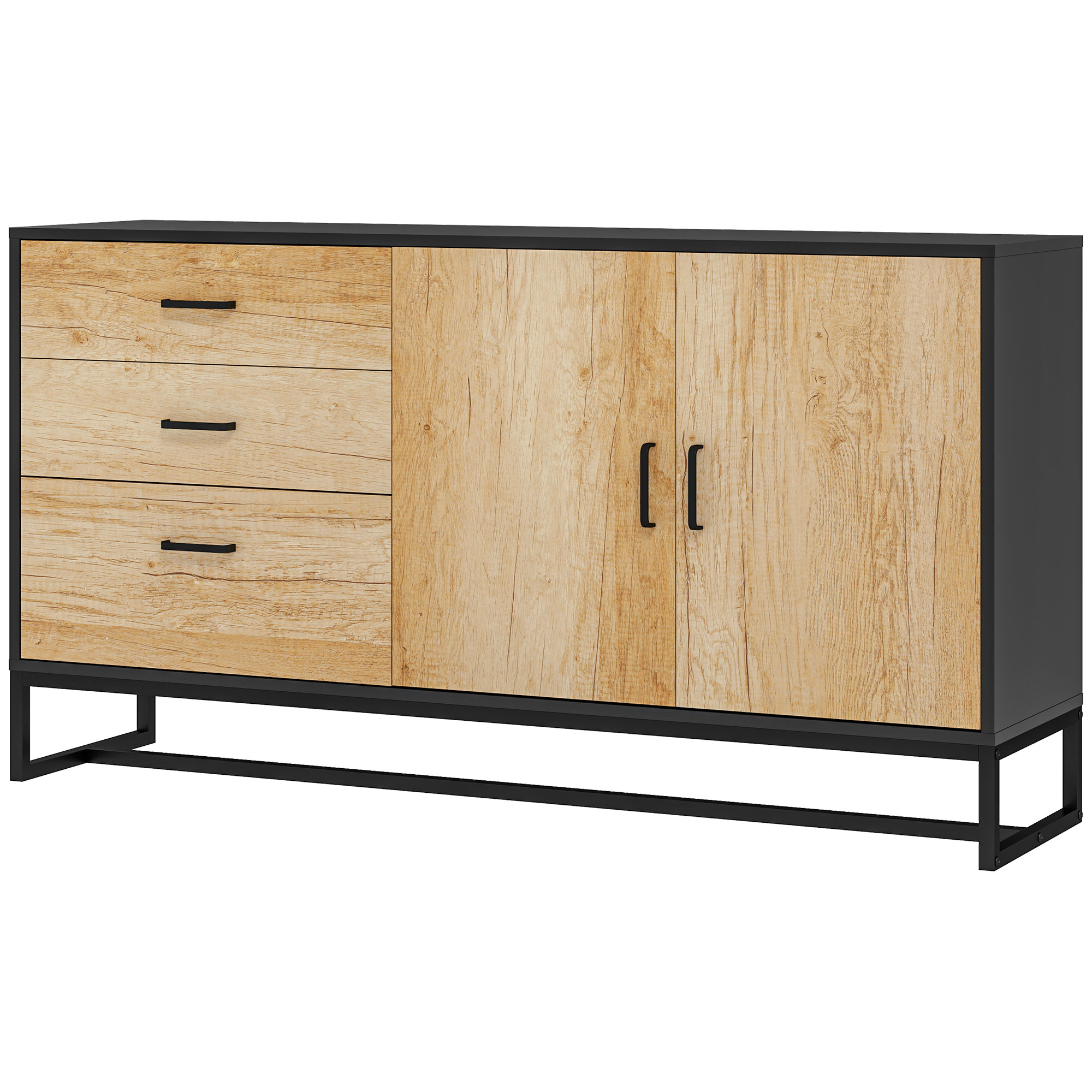 HOMCOM Buffet Wohnzimmer Aufbewahrungsschrank mit Schrank, 3 Schubladen und verstellbarem Regal, Stahlbeine, Griffe aus Aluminiumlegierung, für Wohnzimmer, Esszimmer, Maße 140 x 35 x 75 cm, Naturholz Aosom