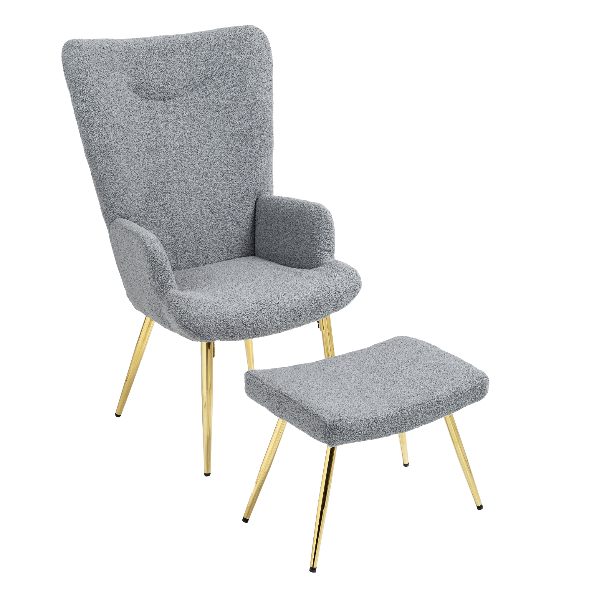 HOMCOM Sessel mit Fußhocker Lounge-Sessel Lesesessel mit goldenen Stahlbeinen, hoher Rückenlehne und Bouclé-Stoff, für Wohnzimmer Schlafzimmer Grau   Aosom