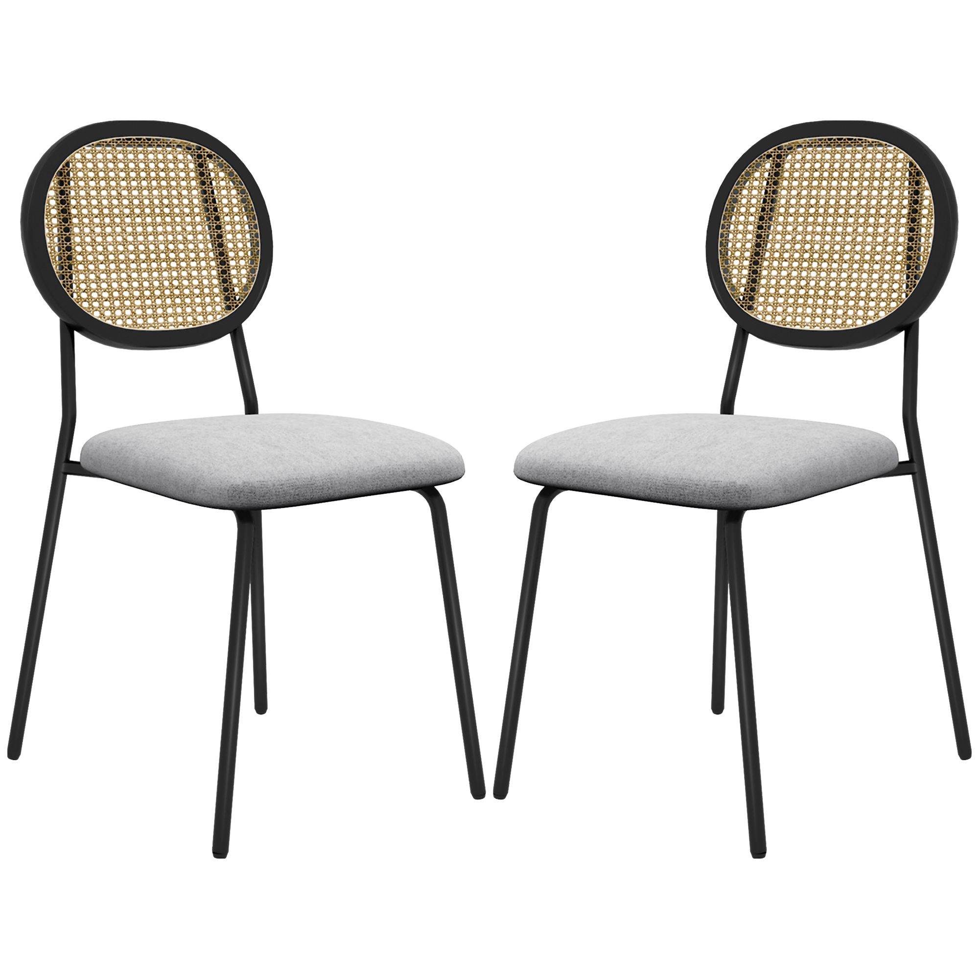 HOMCOM Set mit 2 Dining-Stühlen, Küchenstühle, Bohème-Stil, Rattanrücken, atmungsaktiver Leinenstoff, Stahlrahmen, für Wohnzimmer, Esszimmer, Schlafzimmer, Grau Aosom