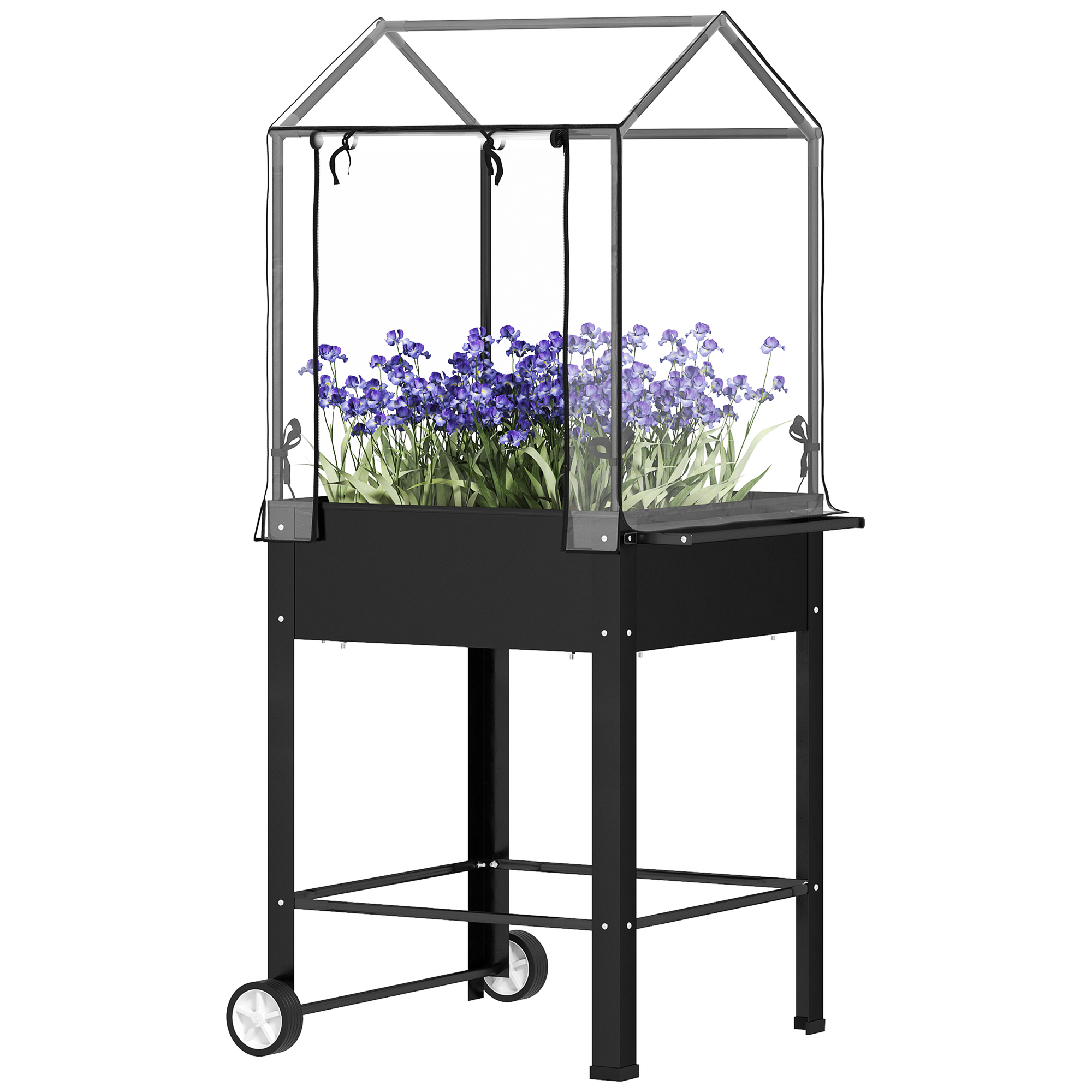 Outsunny Hochbeet mit Kunststoffabdeckung, erhöhte Gartenjardiniere mit Rädern und Ablaufloch, Minigewächshaus für Gemüse, Blumen, Kräuter, 67 x 69 x 147 cm, Schwarz   Aosom