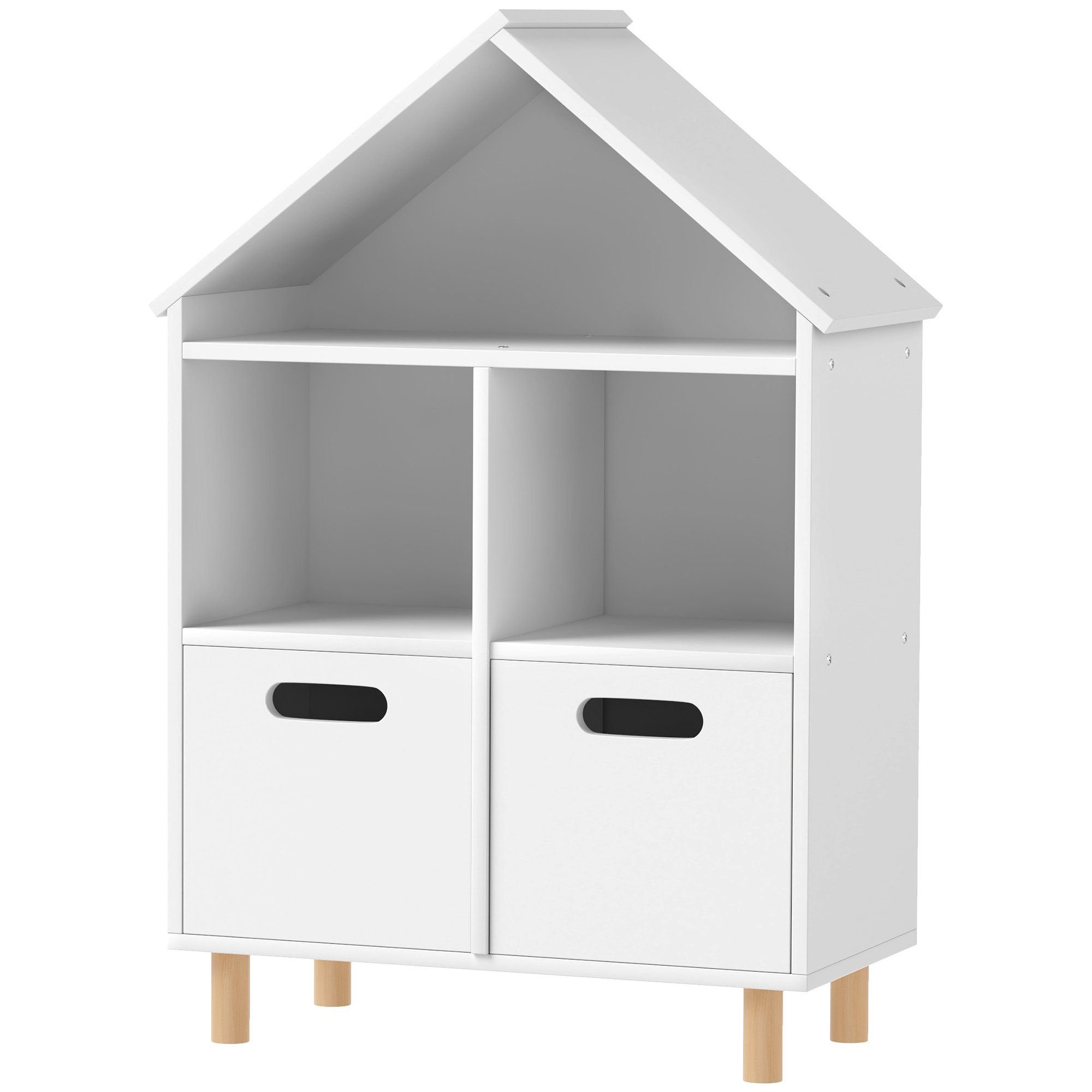 AIYAPLAY Kinderbücherregal, Kinder Aufbewahrungsmöbel, 3 Ebenen mit zwei Schubladen, hausförmig, für Kinderzimmer, Schlafzimmer, 63,7 x 29,7 x 89,5 cm, weiß Aosom