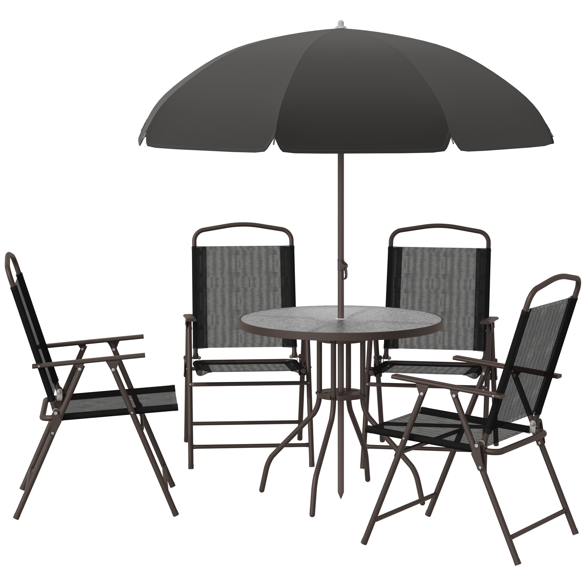 Outsunny Gartenmöbel-Set, 6-teilig - Runder Tisch + 4 klappbare Stühle + Sonnenschirm - Epoxidbeschichteter Stahl Kaffee Textilene Polyester Schwarz Aosom