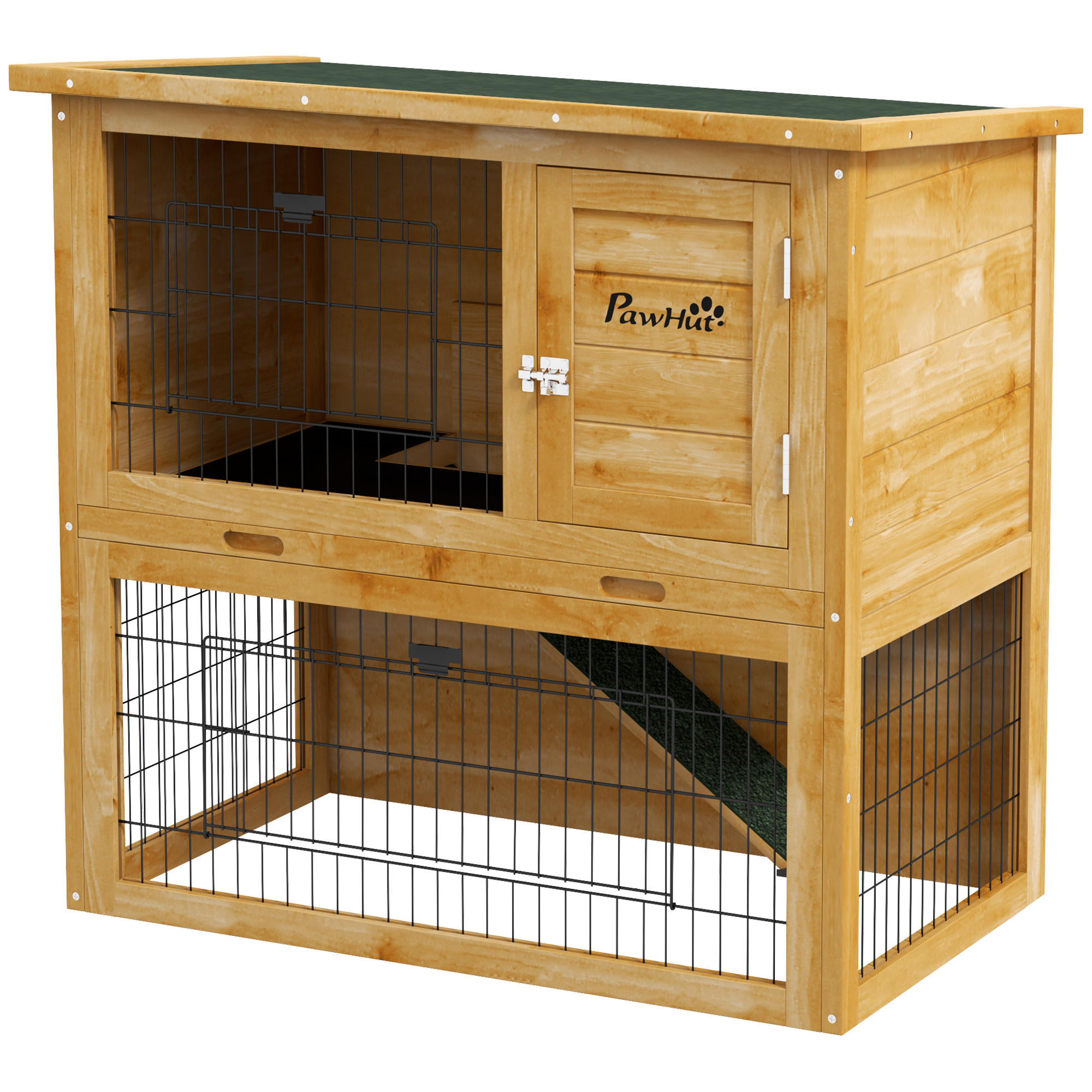 PawHut Kaninchenstall Kaninchenkäfig 2 Etagen mit 3 abschließbaren Türen ausziehbarem Plateau Rampe und Bitumendach Massivholz, 85 x 50 x 80 cm, gelb   Aosom