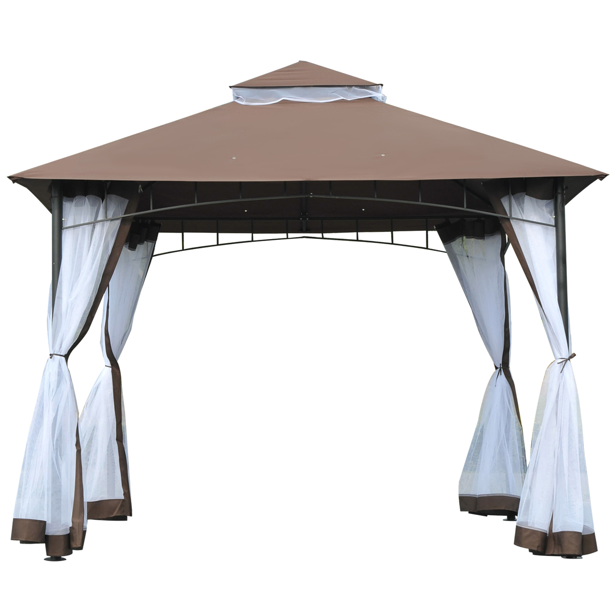 Outsunny Gartenpavillon Pavillon 3 x 3 Doppeldach mit abnehmbaren Moskitonetzen wasserdicht Braun und Weiß   Aosom
