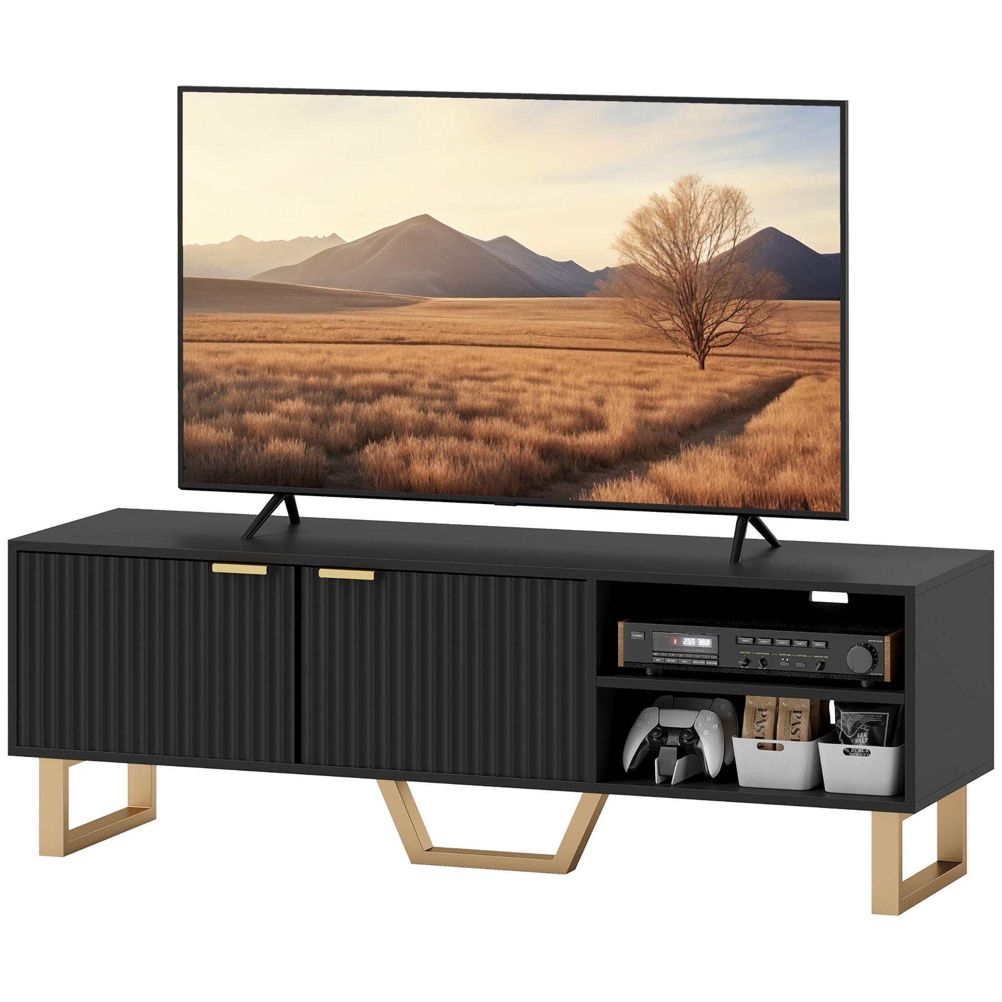 HOMCOM TV-Schrank Fernsehtisch Holz-TV-Ständer für Fernseher bis zu 70 Zoll mit 2 gerillten Türen, offenem Fach und Kabeldurchführung, für Wohnzimmer Schlafzimmer, 140 x 39 x 47 cm, Schwarz Aosom