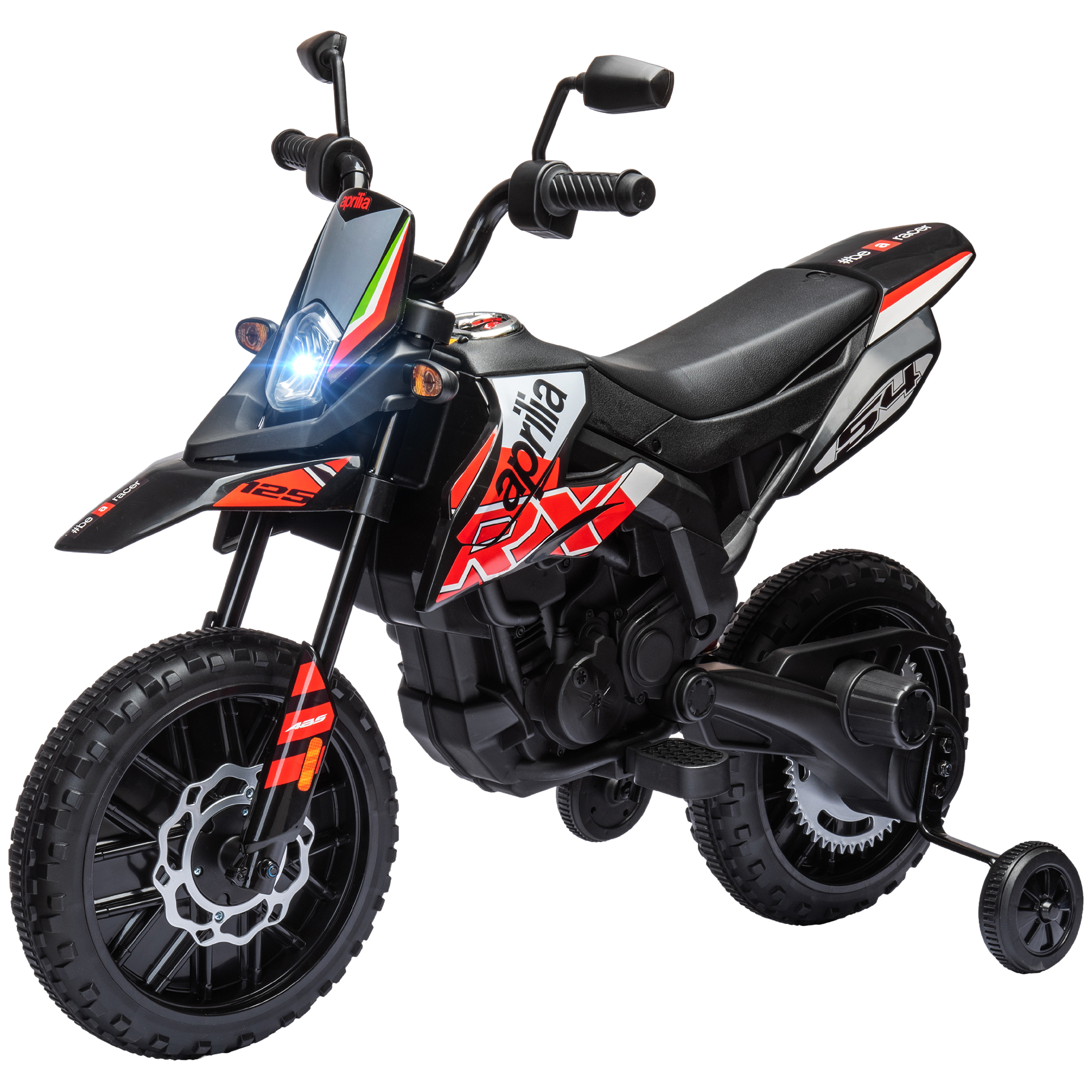 AIYAPLAY Kinder Elektro Motorrad Kinder Motocross unter Lizenz von Aprilia mit 2 12V Motoren, max. Geschwindigkeit 6 km/h, abnehmbare Trainingsräder, Federung, LED-Licht, Musik, USB - Rot Aosom
