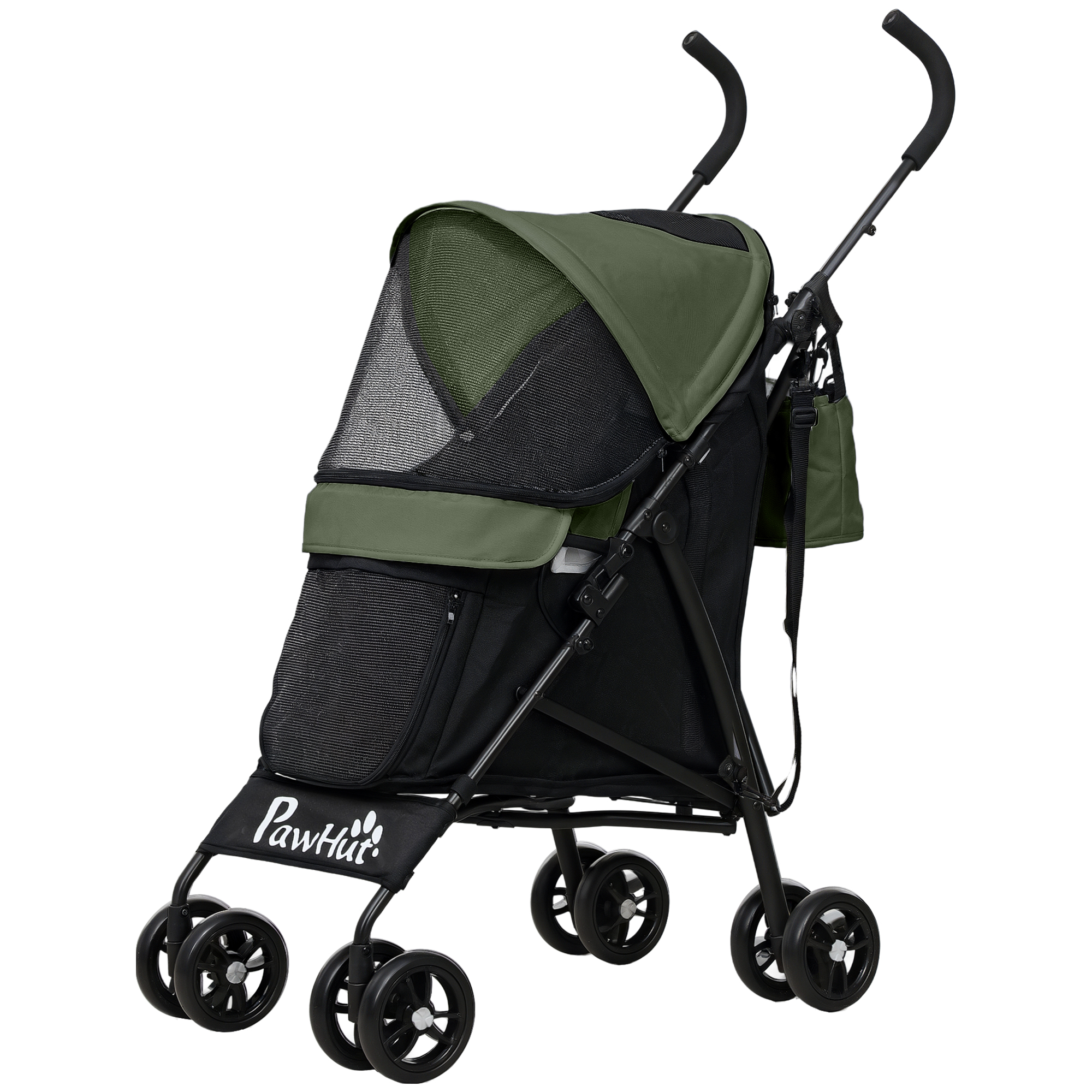 PawHut Hundewagen Hundebuggy klappbar für Hunde & Katzen bis 4 kg Katzenbuggy mit Netzfenstern, Schultergurt, Aufbewahrungstasche, Becherhalter Regenschirm Katzenwagen Dunkelgrün Aosom