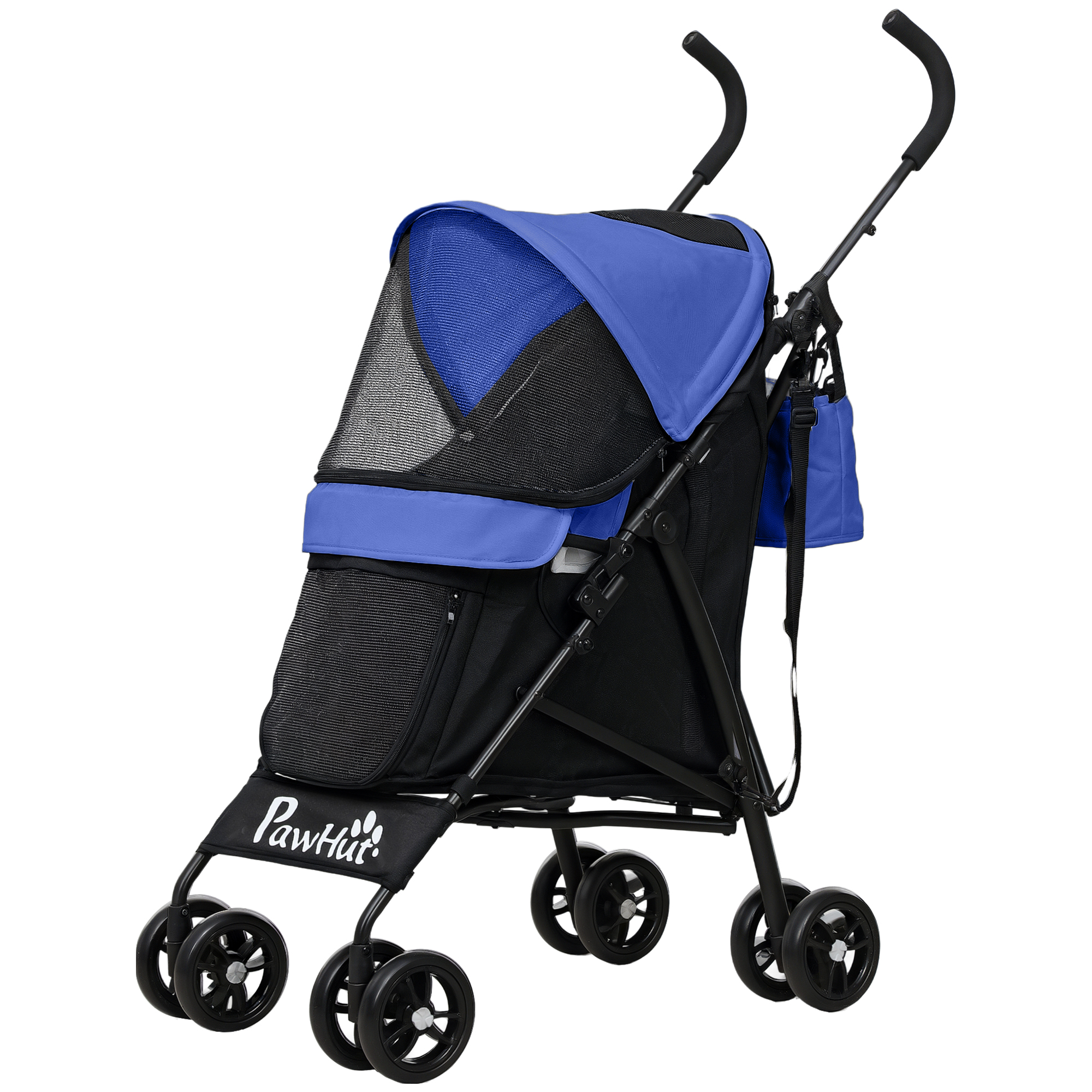 PawHut Hundewagen Hundebuggy klappbar für Hunde & Katzen bis 4 kg Katzenbuggy mit Netzfenstern, Schultergurt, Aufbewahrungstasche, Becherhalter Regenschirm Katzenwagen Dunkelblau Aosom