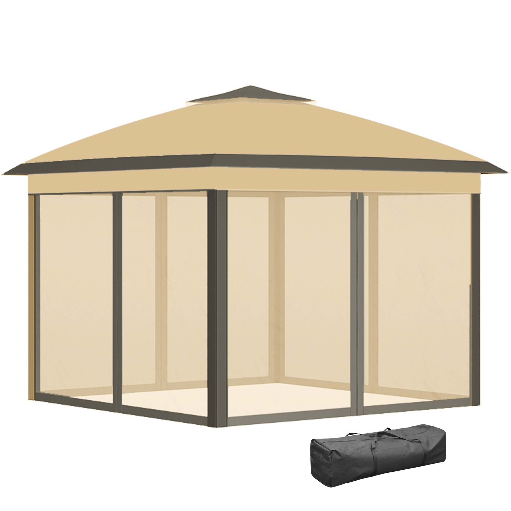 Outsunny Pavillon 3,3x3,3m, wasserabweisend Winterfest Pop-up Faltpavillon mit Doppeldach, UV Schutz, Faltbar Partyzelt Gartenzelt mit Seitenteilen, Tasche Gartenpavillon für Camping Garten, Beige   Aosom