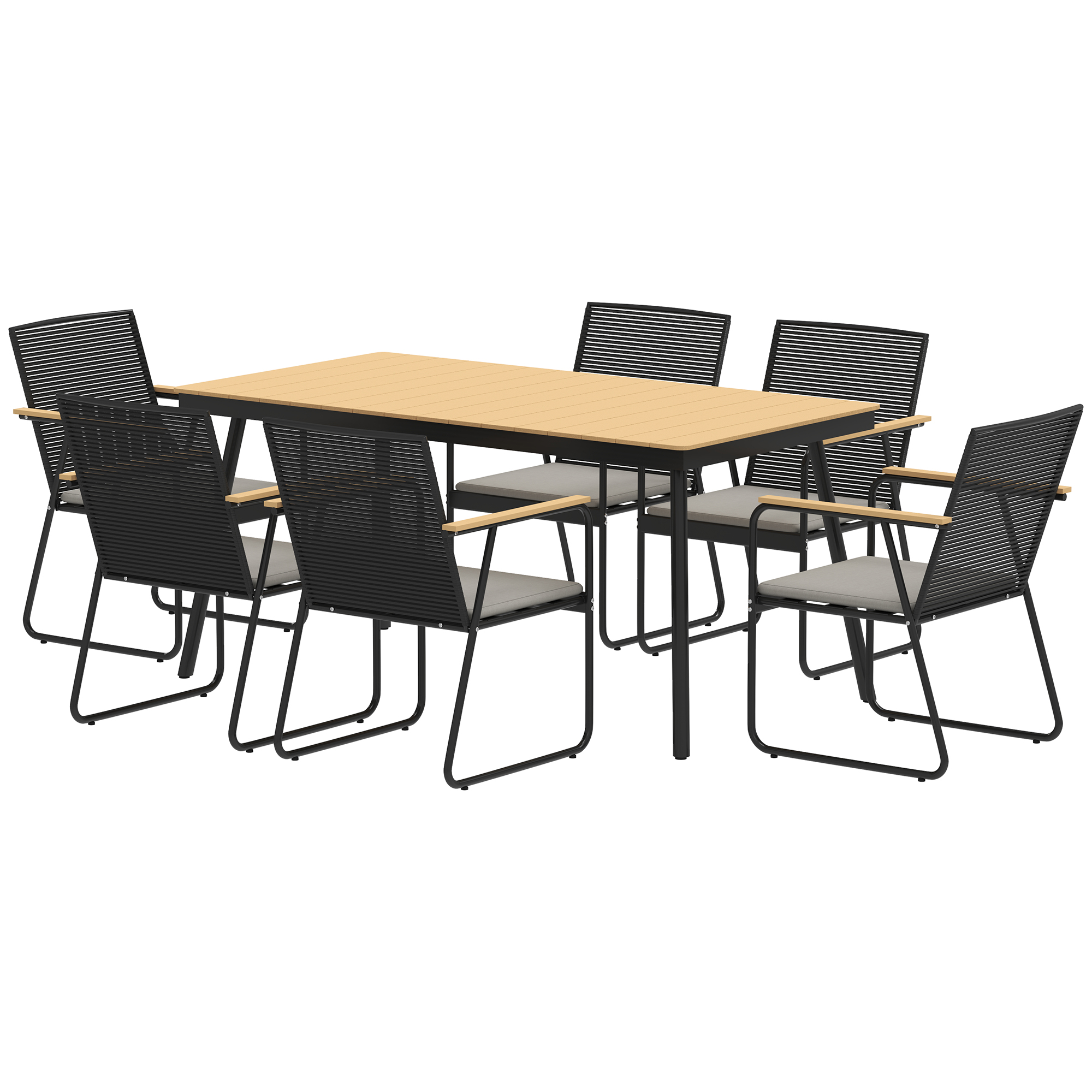 Outsunny Sitzgruppe 7-teilig Metall Essgruppe für 6 Personen Esstisch mit Tisch 6 Stühlen Esszimmergruppe Küchentisch-Set mit Metallgestell Balkonmöbel Gartenmöbel für Terrasse, Balkon Naturholz   Aosom