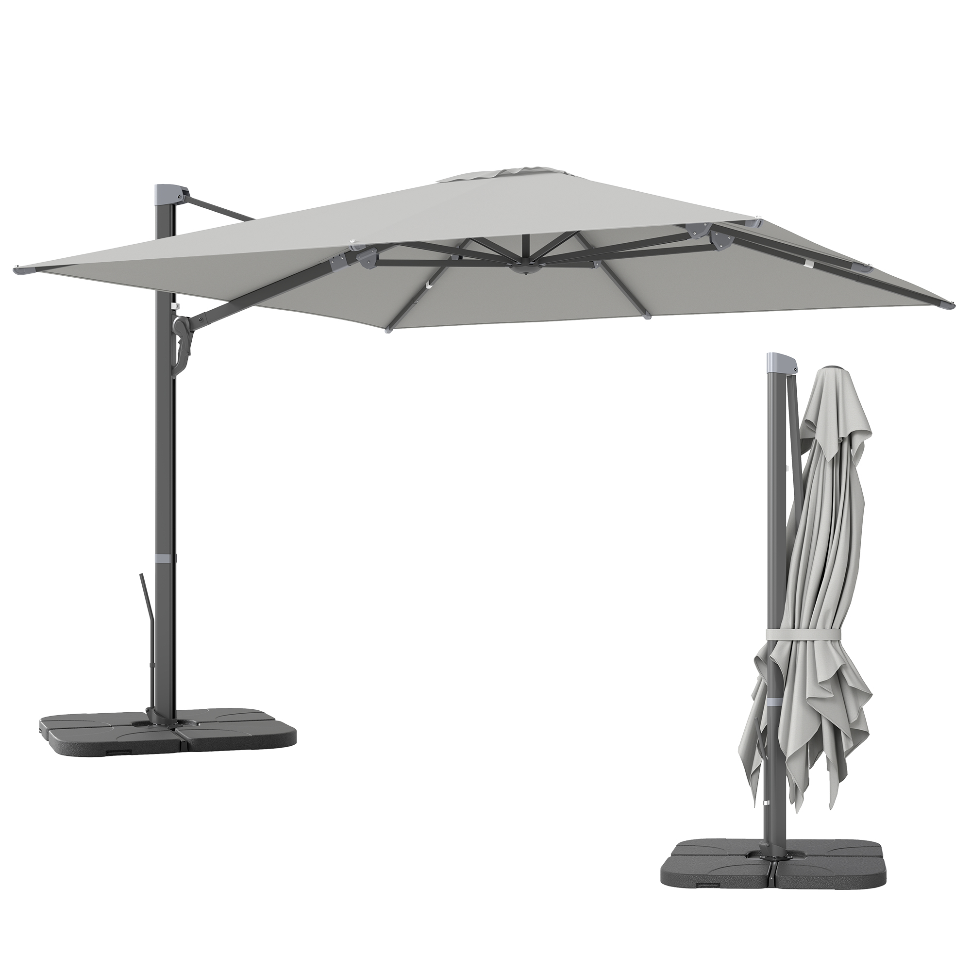 Outsunny Alu Ampelschirm 3 x 3 m 360° drehbar Sonnenschirm mit Kurbel Ständer neigbar Wasserabweisend Marktschirm höhenverstellbar Gartenschirm Kurbelschirm Sonnenschutz für Garten Balkon Hellgrau Aosom
