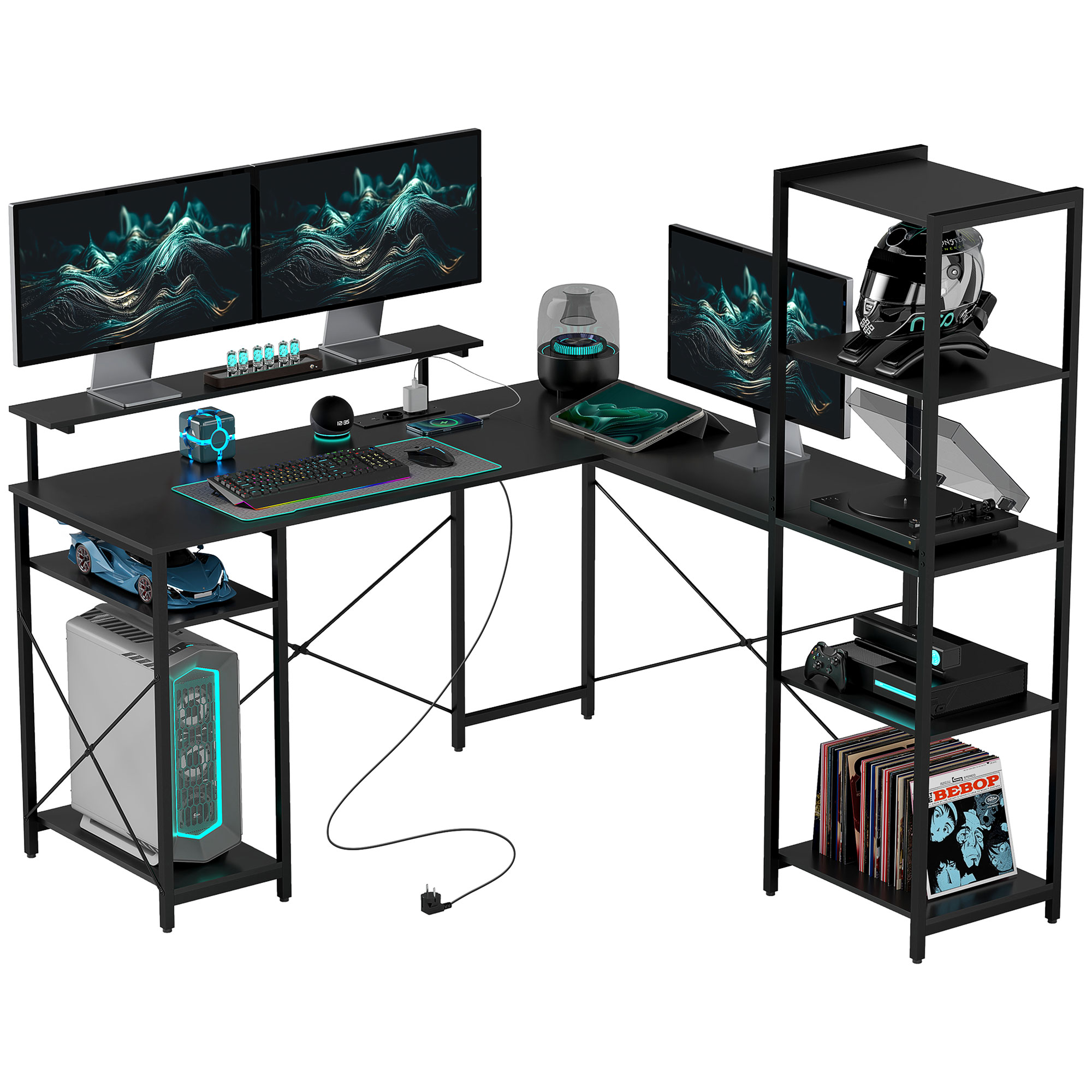 HOMCOM Schreibtisch, L-förmiger Computertisch 137 x 140 x 139,5 cm Eckschreibtisch mit 6 Ablagen, Bürotisch mit Monitorständer, USB, Steckdose, für Homeoffice, Büro, Schwarz Aosom