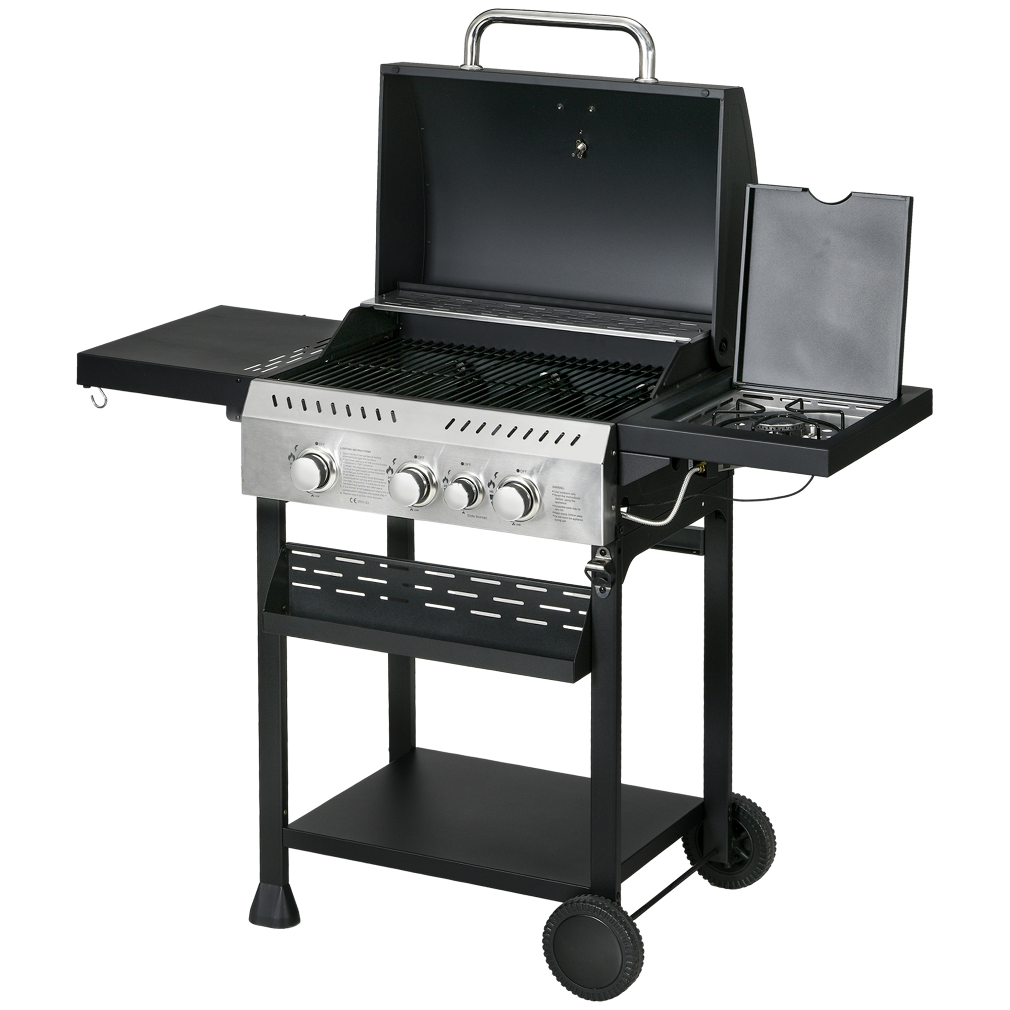 Outsunny Gasgrill 3 KW 3+1 Brenner BBQ Grillwagen aus Edelstahl inkl Seitenbrenner Thermometer Grillrost Kochfeld Flaschenöffner Seitenablagen Gas-Grill für Balkon Camping 123 x 52 x 101cm   Aosom