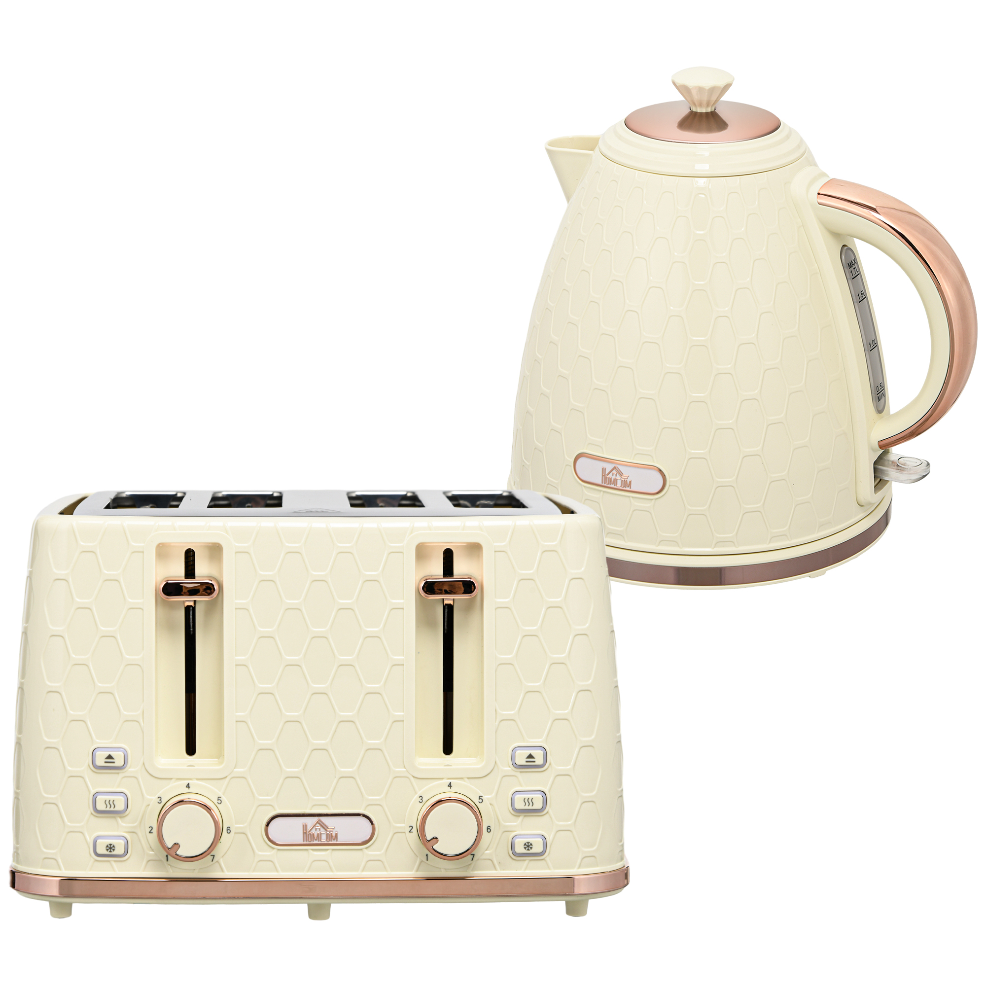 HOMCOM Wasserkocher mit Toaster 1,7L Wasserkocher 4 Toastscheiben Frühstücksset mit 7 Bräunungsstufen, automatischer Abschaltung, Auftau- & Aufwärmfunktion und Krümelfach, Beige   Aosom