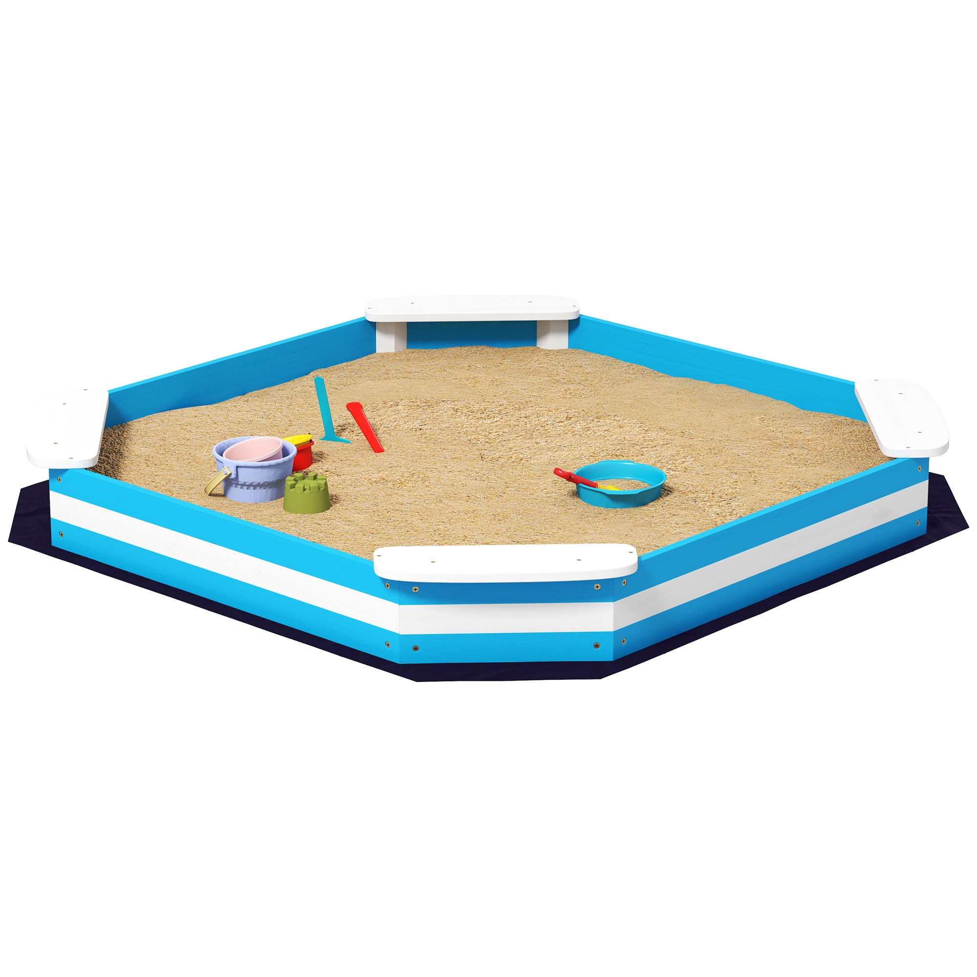 AIYAPLAY Sandkasten 133 x 108 cm Sandkiste aus Holz Sandbox mit Sitzbank, Bodenschutzfolie für 4 Kinder 3-7 Jahre Blau   Aosom