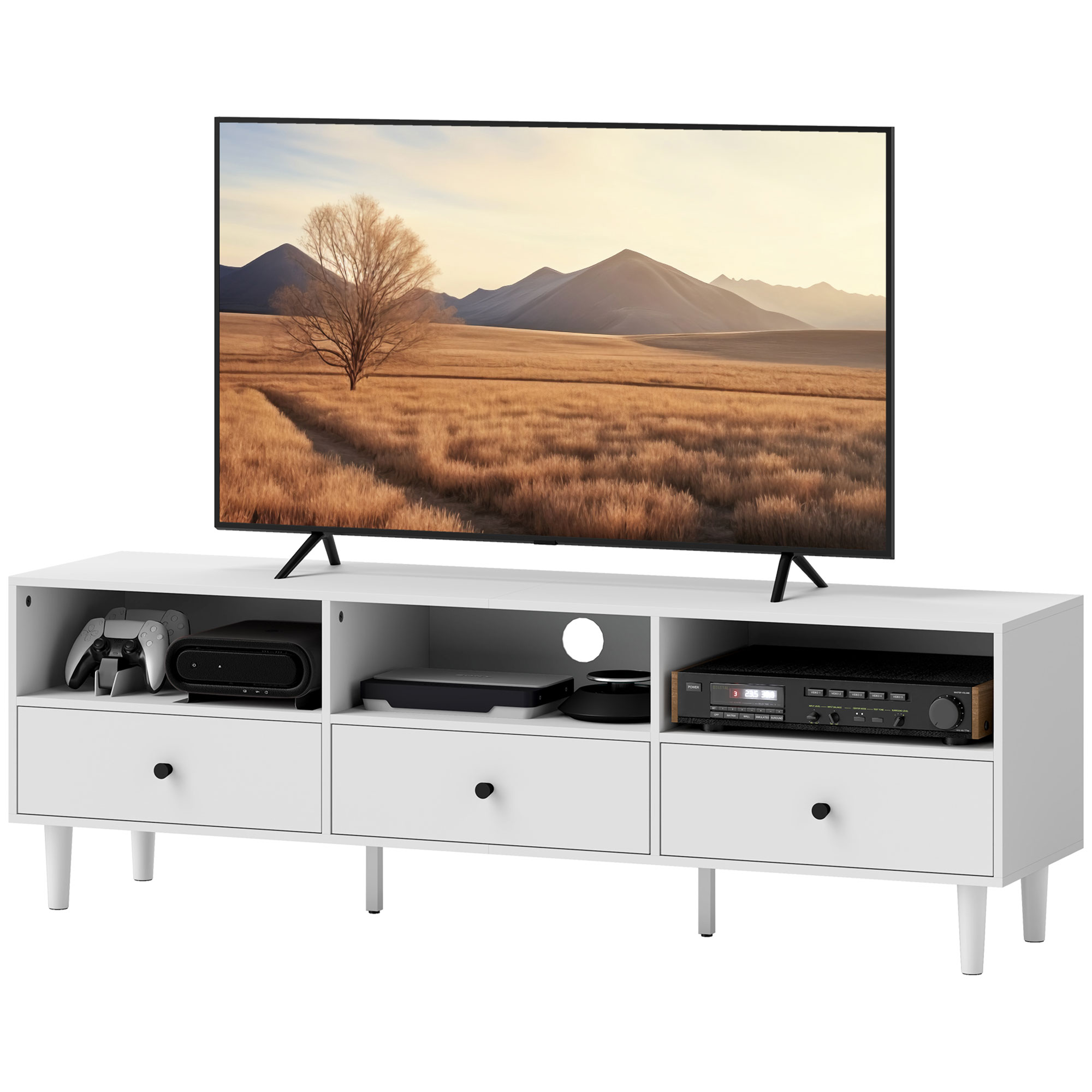 HOMCOM TV Schrank TV Board mit Schubladen, 3 offenen Fächern 140 cm lang TV Lowboard mit Kabelmanagement für Fernseher bis zu 75 Zoll Fernsehtisch für Wohnzimmer Weiß 140x34x45cm Aosom