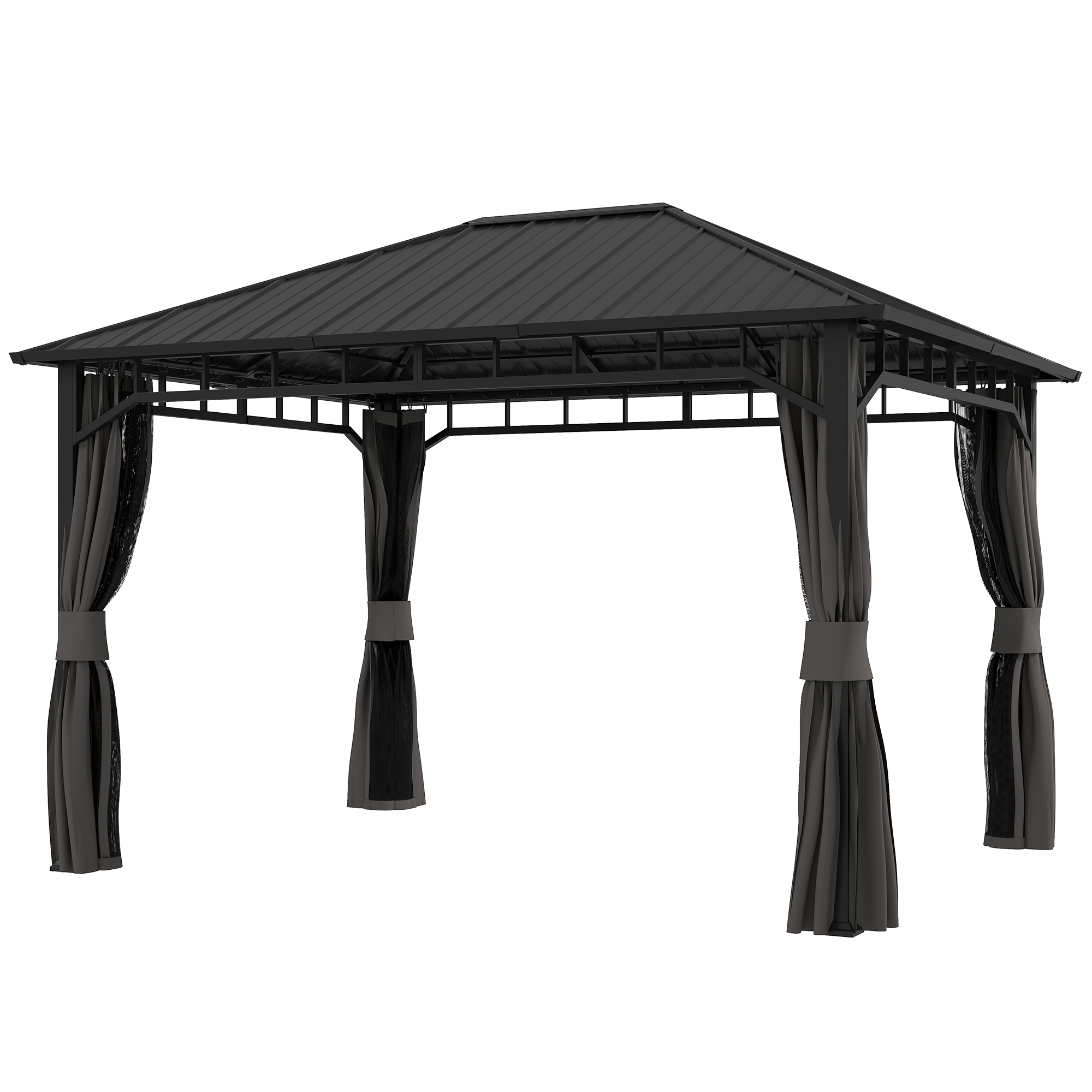 Outsunny Pavillon 4x3 m Wasserdicht Stabil Winterfest Gartenpavillon mit Seitenteile, Wasserrinnen, Moskitonetz, Haken Garten-Pavillon aus verzinktem Metall, Partyzelt für Garten, Terrasse, Dunkelgrau   Aosom