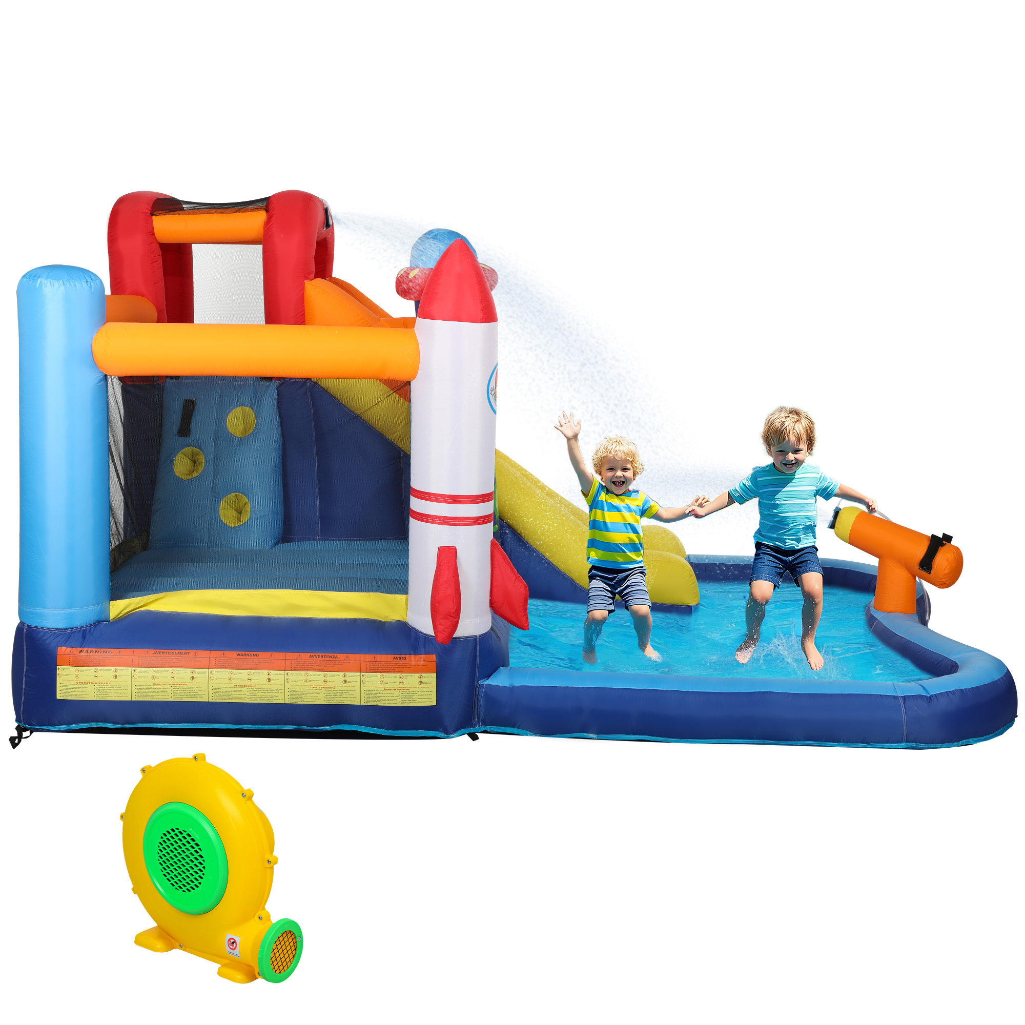 AIYAPLAY Hüpfburg mit Gebläse, Rutsche, Planschbecken, Kletterwand, Sprung, Wasserkanone, Aufblasbare Springburg mit Tragetasche für Indoor Outdoor für Kinder von 3-8 Jahren, 360 x 250 x 195 cm   Aosom