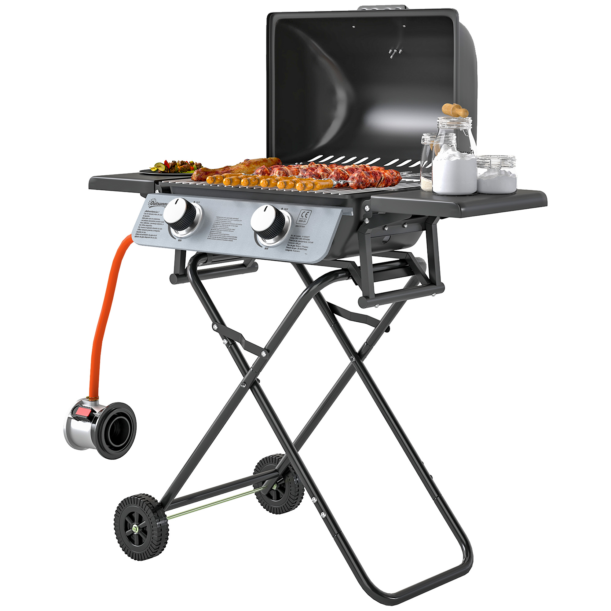 Outsunny Gasgrill 5,6 KW Grillwagen inkl 2 Edelstahl-Brenner klappbar Seitenablagen Rolle Druckminderer Gasschlauch Deckel Thermometer, BBQ Gartengrill für Balkon, Camping-Grill 101 x 50 x 102 cm   Aosom