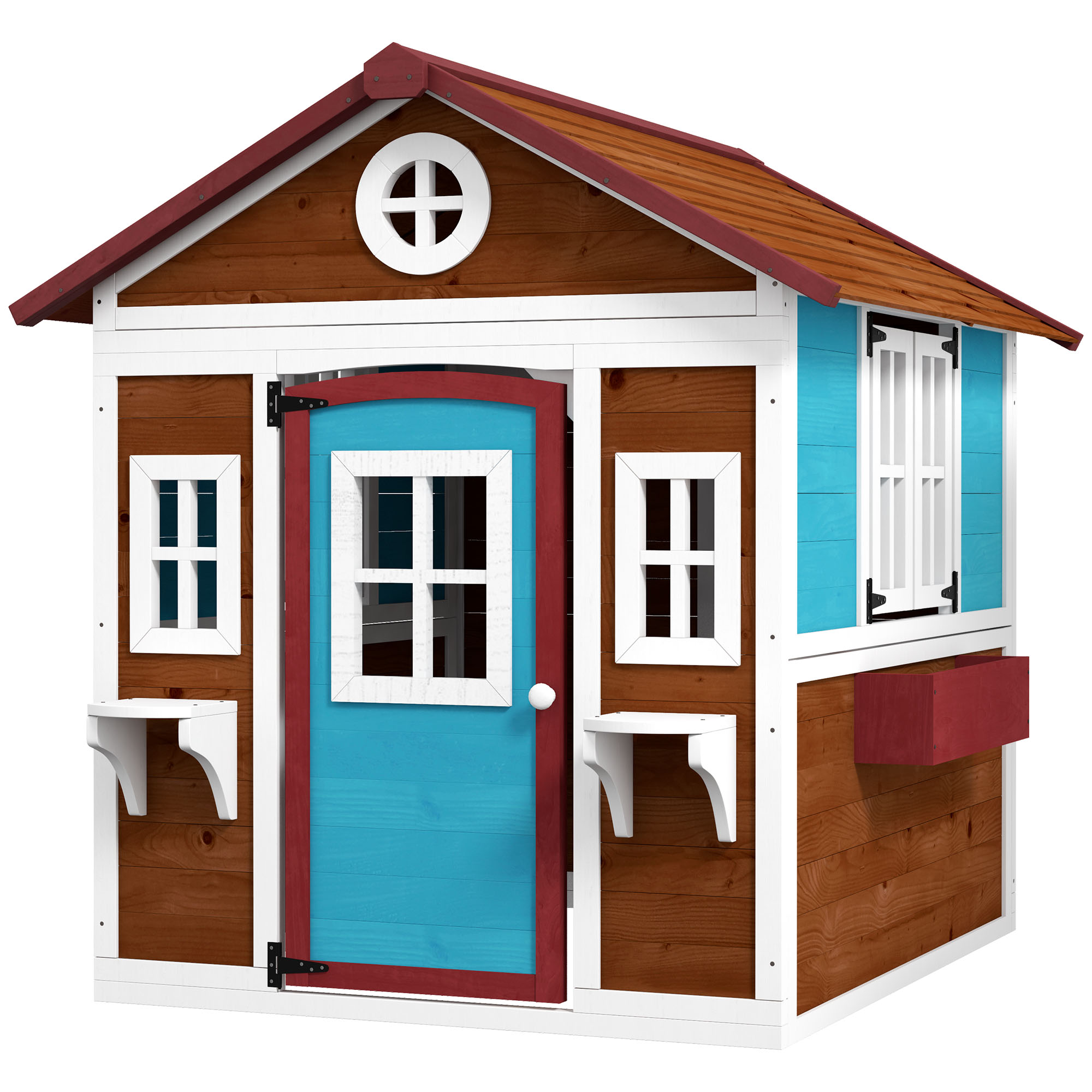 Outsunny Kinderspielhaus aus Holz Spielhaus Outdoor mit Fenster, Blumenregal, Pflanzenkasten und Tür Gartenhaus für Kinder 3-8 Jahre Dunkelbraun   Aosom