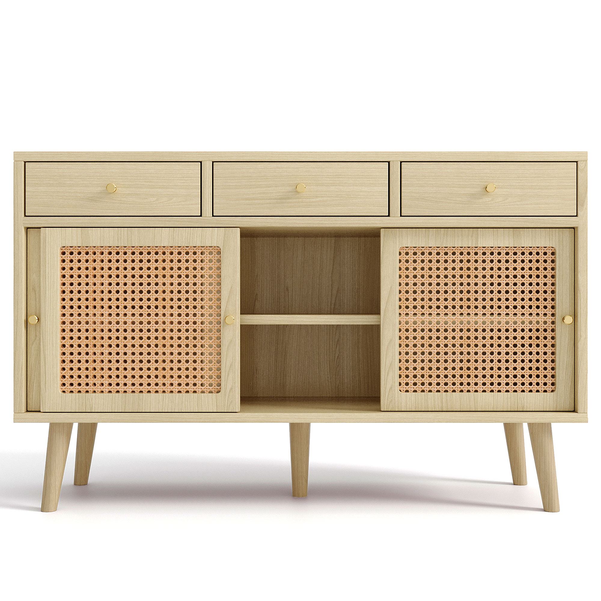 Küchenschrank, Sideboard mit 3 Schubladen und 3 Schiebetüren, Verstellbare Ablagen, Rattangeflecht, bis 70 kg, 120 × 40 × 78 cm, Naturfarbe