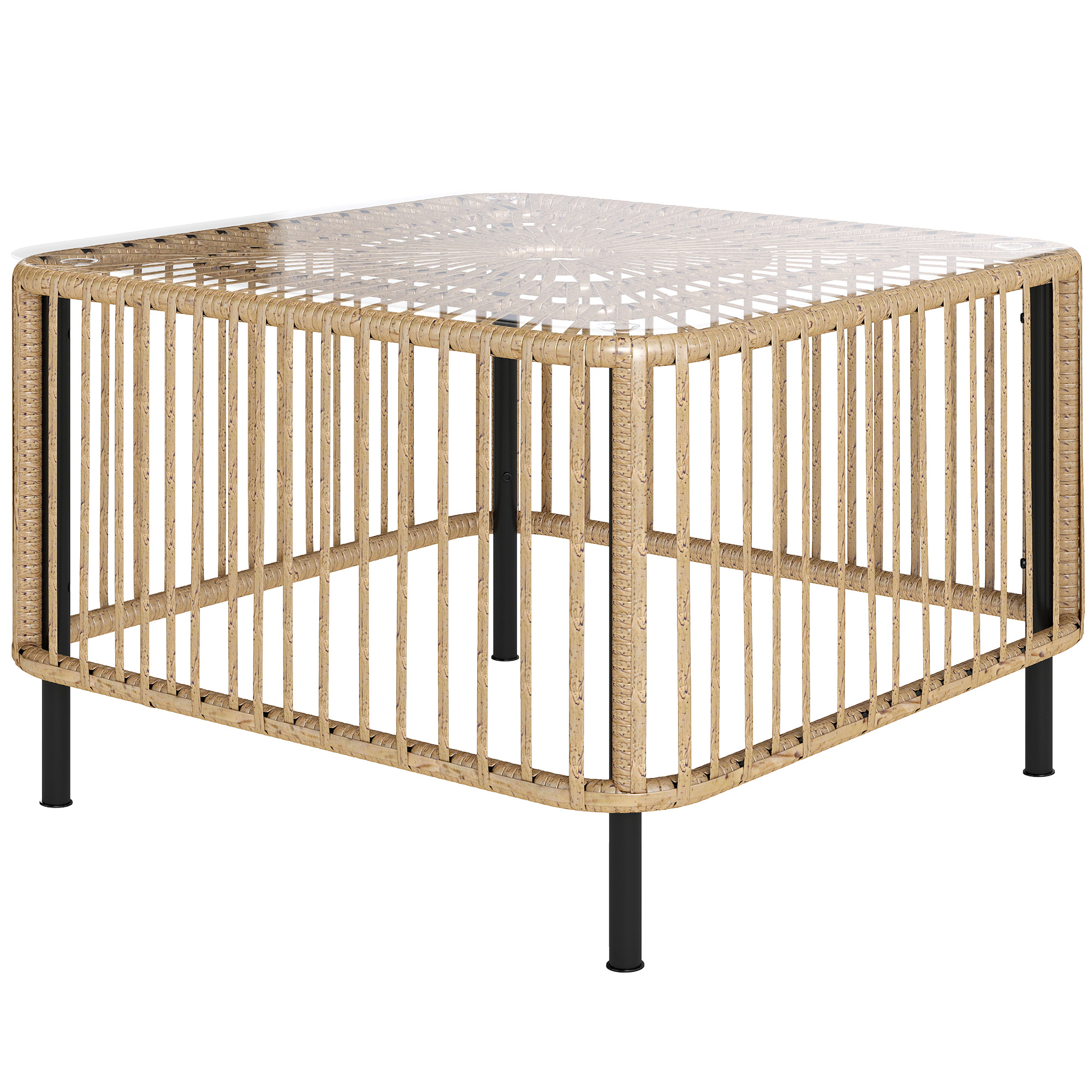 Outsunny Polyrattan Gartentisch, 65 x 65 x 43 cm, wetterfest Beistelltisch quadrarischer Terrassentisch mit Glasplatte Couchtisch Balkontisch Gartenmöbel für Garten, Terrasse, Balkon Naturholz Aosom