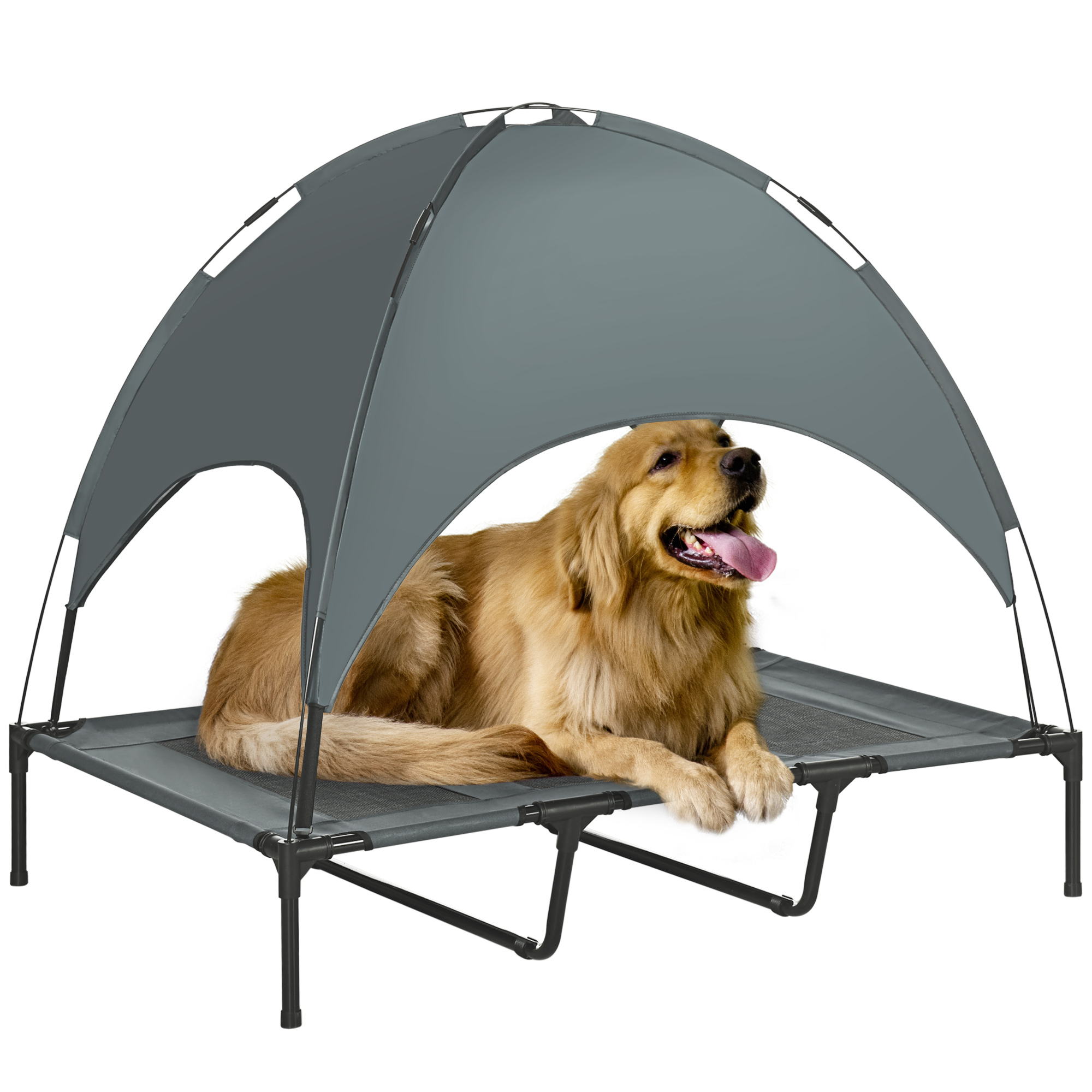 PawHut Haustierbett Baldachin 122x92x108cm für Hunde, atmungsaktiver Taftstoff, erhöhtes Outdoor Hundebett in Grau   Aosom.de