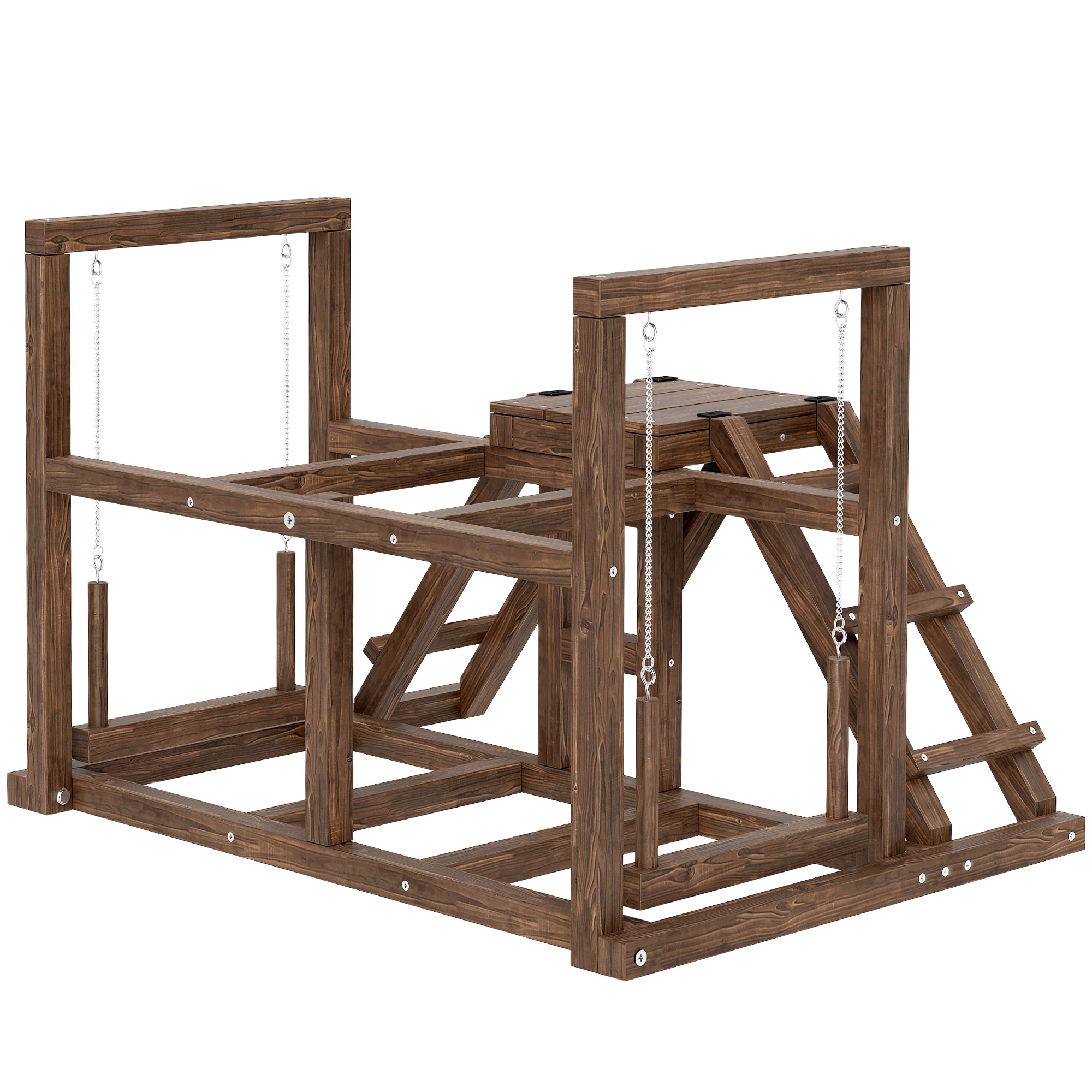 PawHut Hühner-Spielgerüst aus Holz, Spielplatz für Hühner mit Hühnerstangen, Schaukel, Leiter, Plattformen Hühner-Klettergerüst für 3 Hühner Braun   Aosom