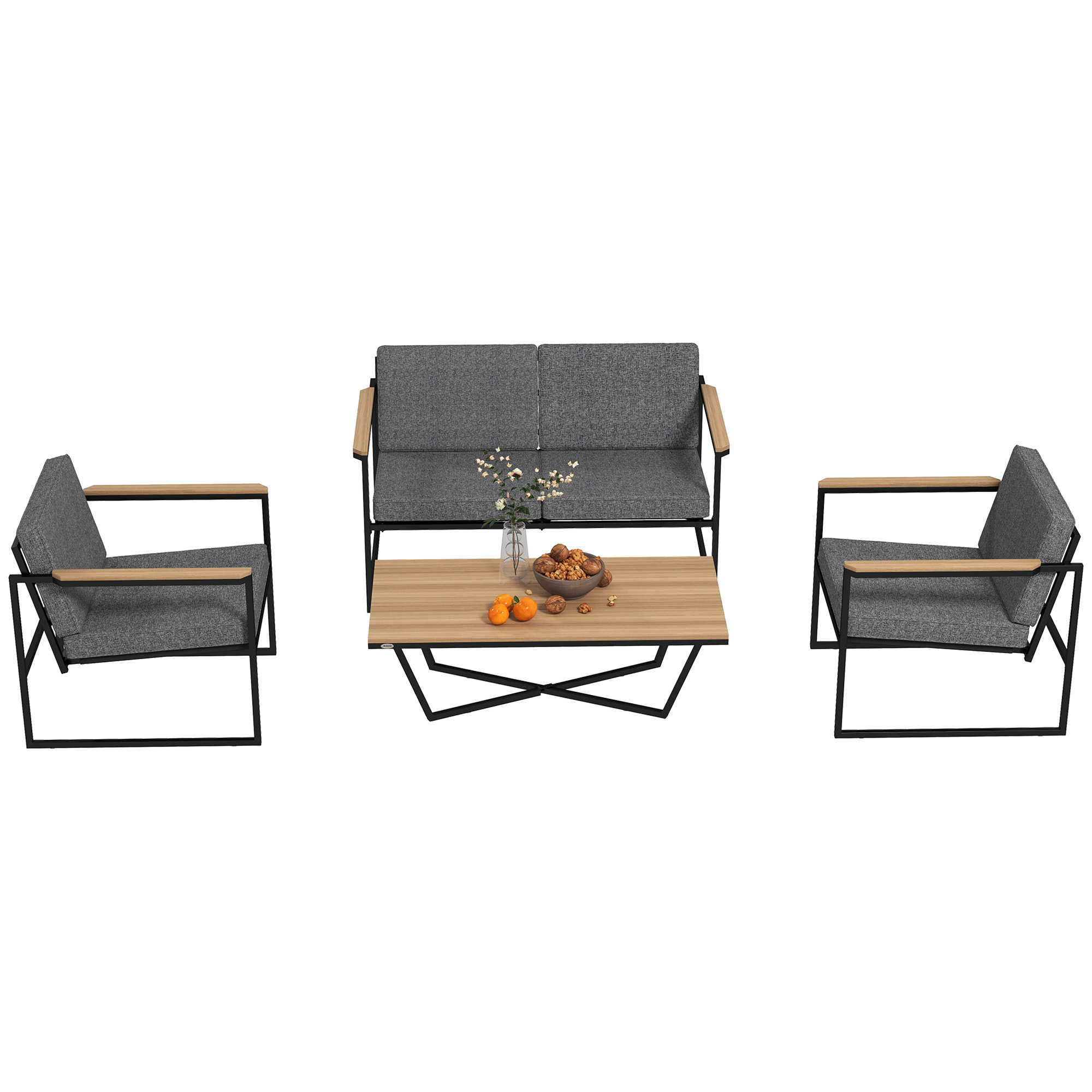Outsunny Gartenmöbel Set 4 Personen wetterfest Balkonmöbel-Set mit 2er Sofa, 2 Stühle Sitzkissen Beistelltisch Outdoor Sitzgruppe Terrassenmöbel Gartengarnitur für Garten Terrasse Balkon Grau   Aosom