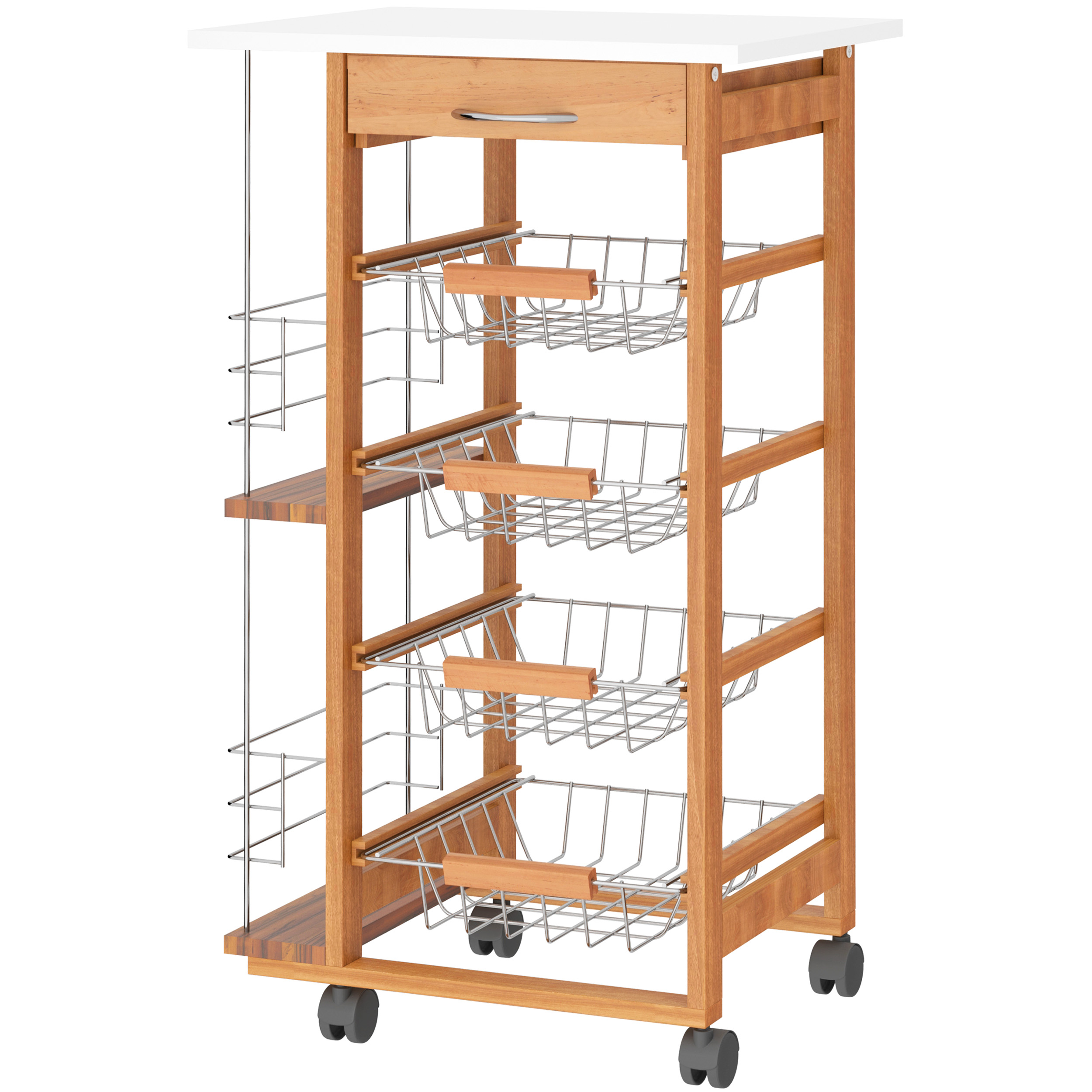 HOMCOM Küchenwagen Platzsparend in Braun aus Holz, Servierwagen mit 1 Arbeitsplatte 1 Schublade und 4 Metallkörben, 47x37x83cm Aosom