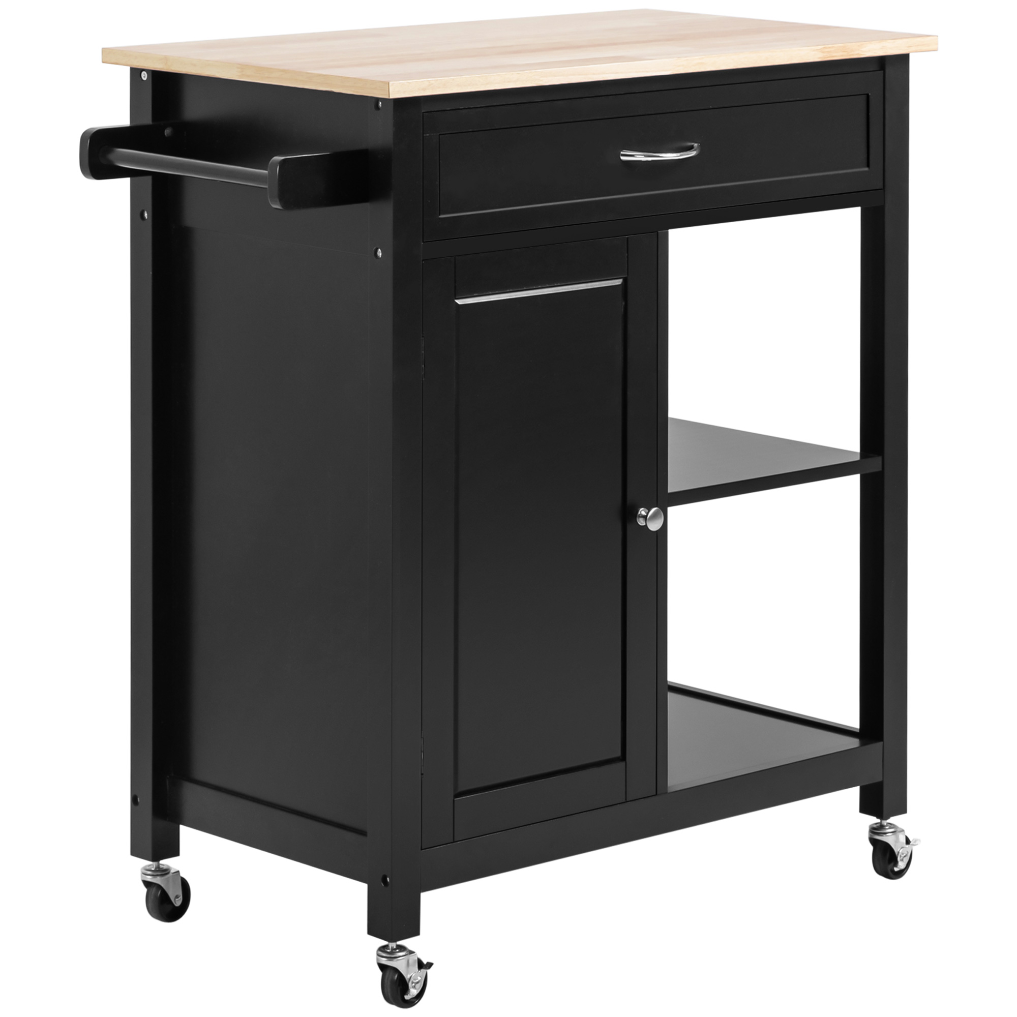 HOMCOM Küchenwagen aus Holz mit Schublade, Schrank und Regalen, Servierwagen mit Rollen, 83x45x88cm, Schwarz Aosom