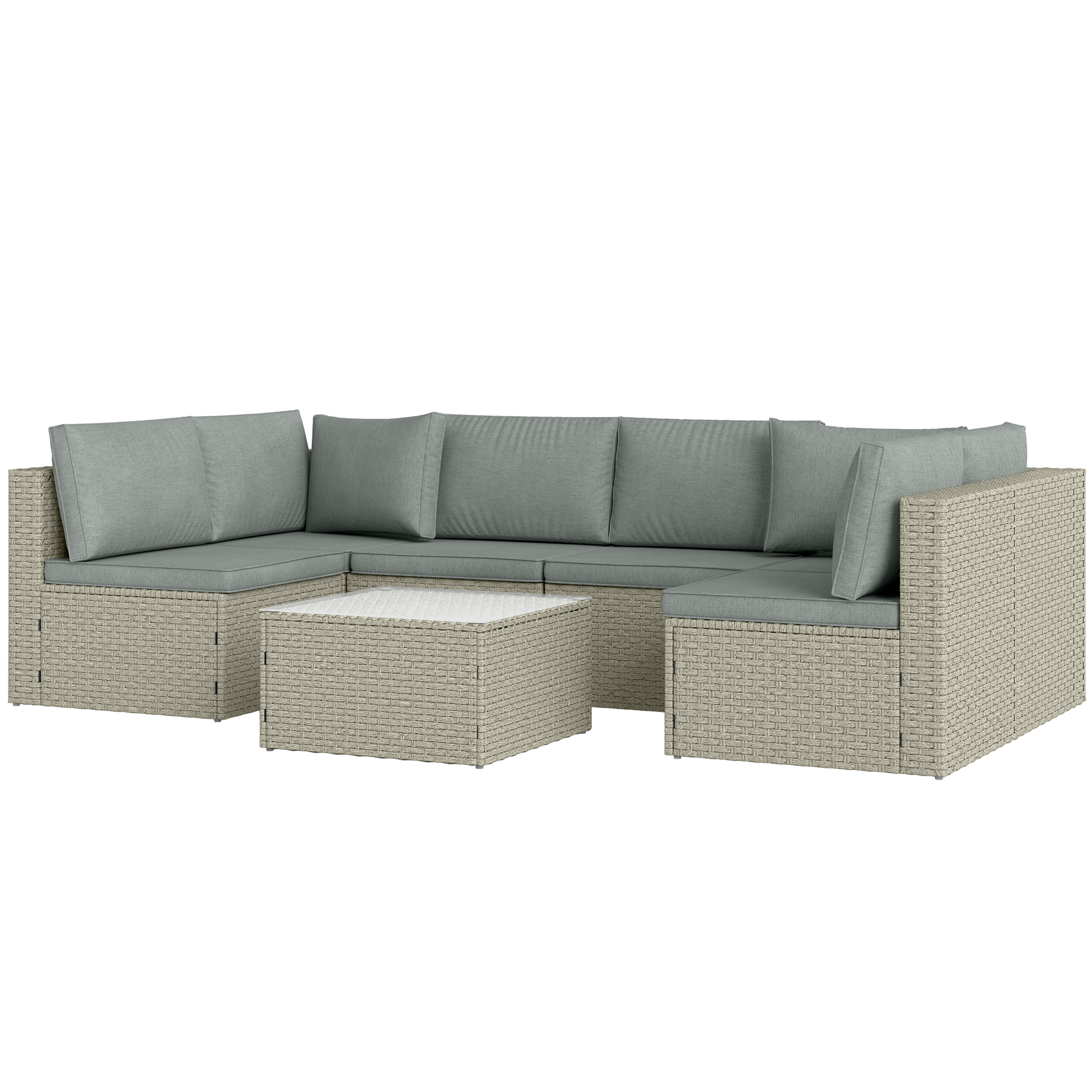 Outsunny Modulares 6-Personen-Gartenlounge-Set, Balkonlounge aus Kunststoff-Rattan mit Sofas und Glastisch inkl. abnehmbaren Kissen für Terrasse, Balkon, braun   Aosom