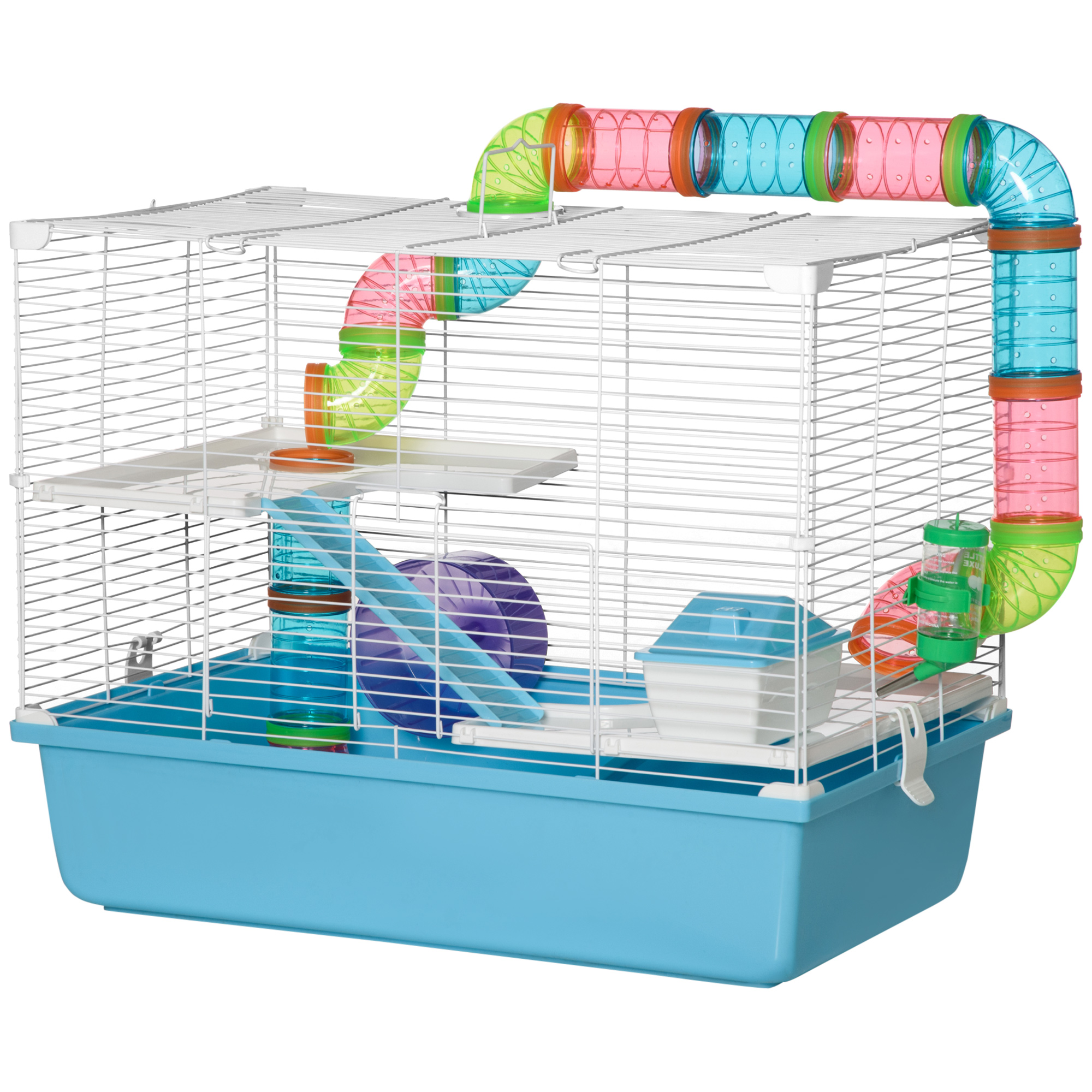 PawHut Käfig für Hamster Ratte Nager 3 Ebenen mit Tunnel, Trinkflasche, Rad, Häuschen, Leitern Maße 59B x 36T x 47H cm Aosom