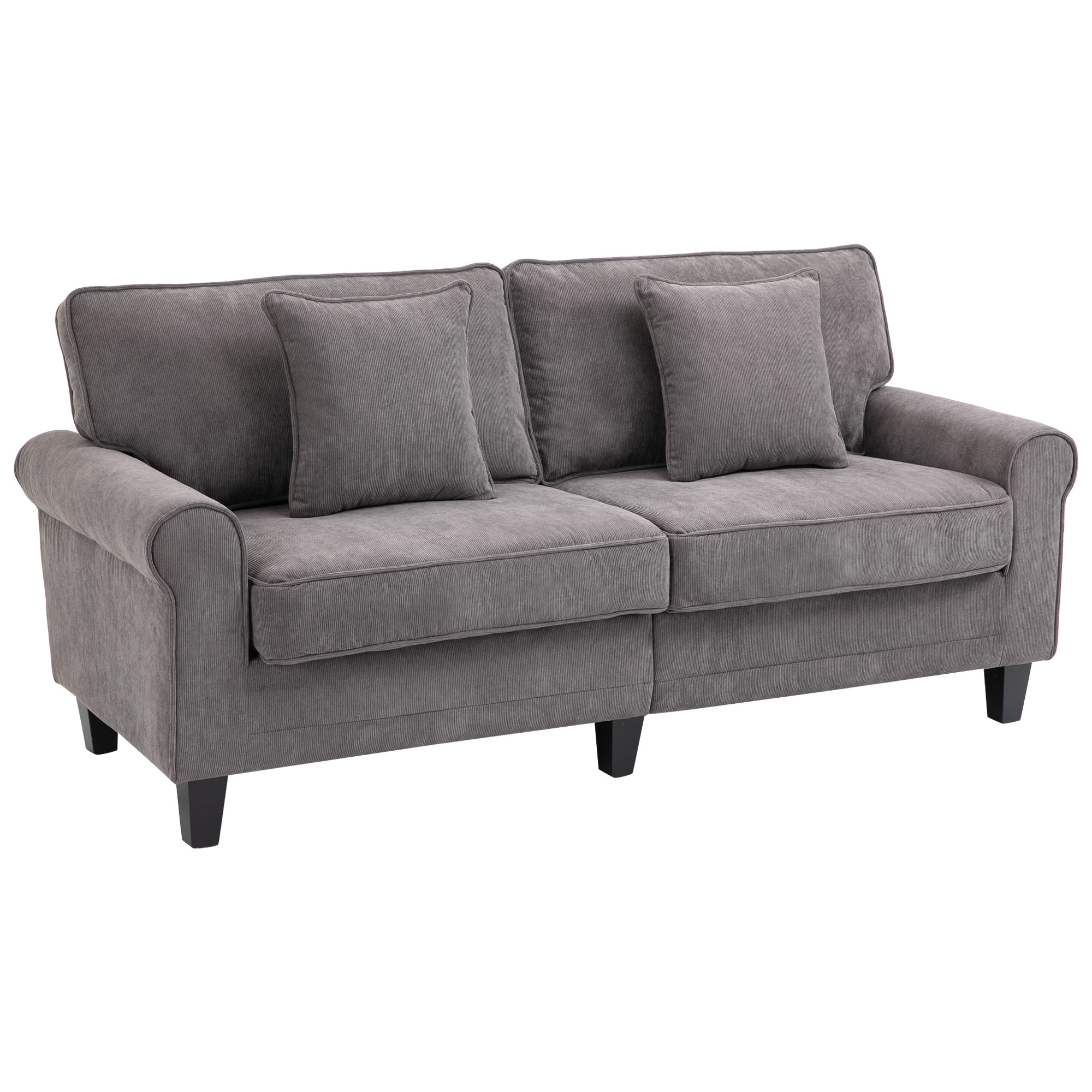 HOMCOM 3-Sitzer-Sofa aus geripptem Samtstoff, Sofa für Wohnzimmer, 197 cm, mit gepolsterten Armlehnen und Rückenlehne, Sofa mit 2 Kissen, massiven Pinienholzbeinen, für Wohnzimmer, Schlafzimmer, Büro, Grau   Aosom