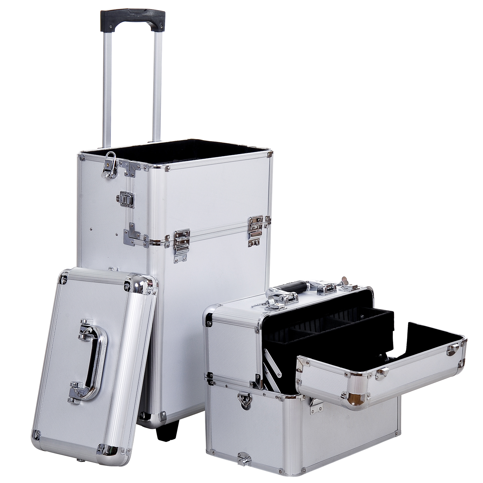 HOMCOM Schminkkoffer 2-in-1 mit auf 3 Höhen einstellbarem Griff und Rollen, professioneller Make-up-Trolley aus Aluminium, 35,5x23x105 cm, Silber   Aosom