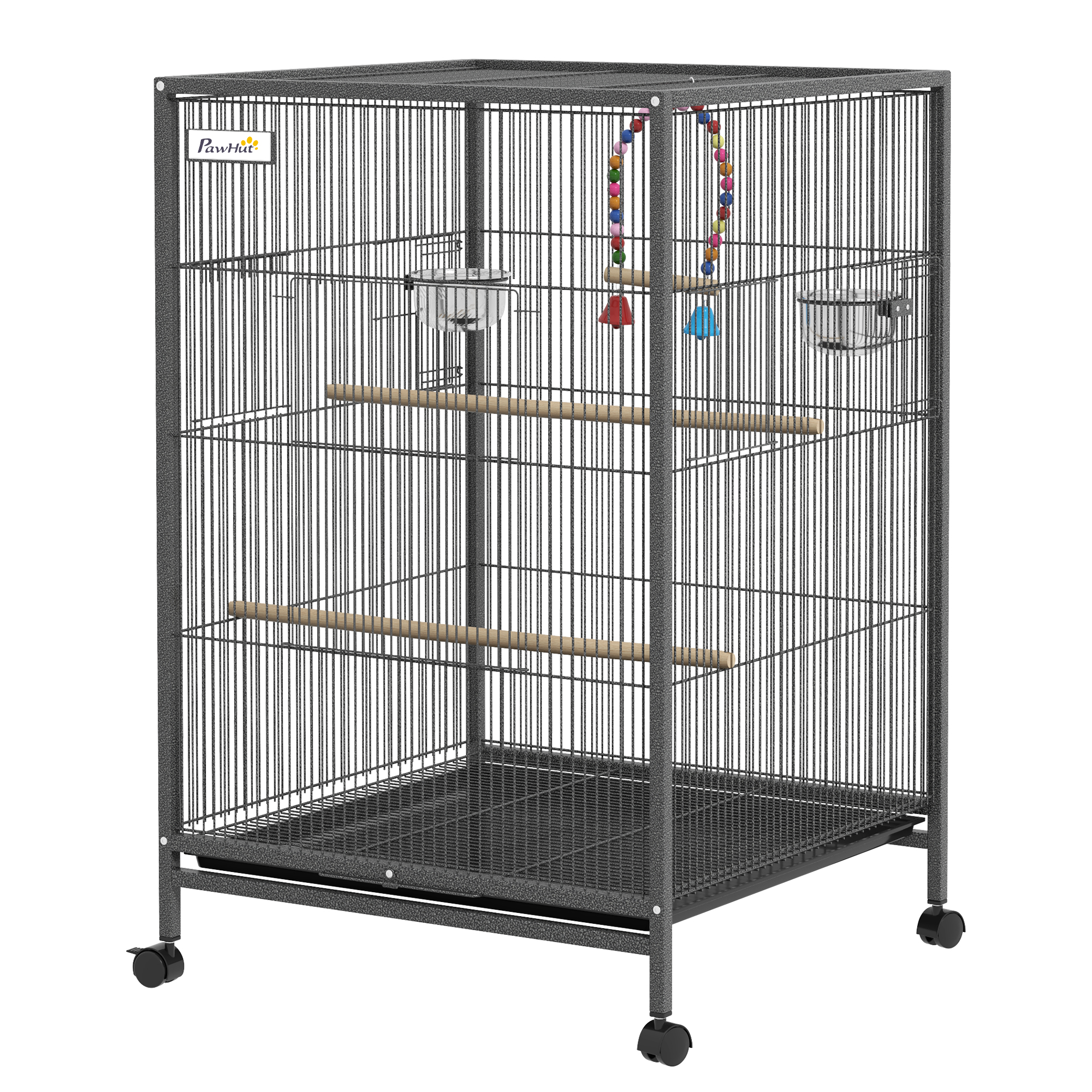 PawHut Vogelkäfig aus Stahl und PP mit 5 Türen, 2 Sitzstangen, Schaukel und herausnehmbarem Tablett, 48x46x74 cm, Grau Aosom
