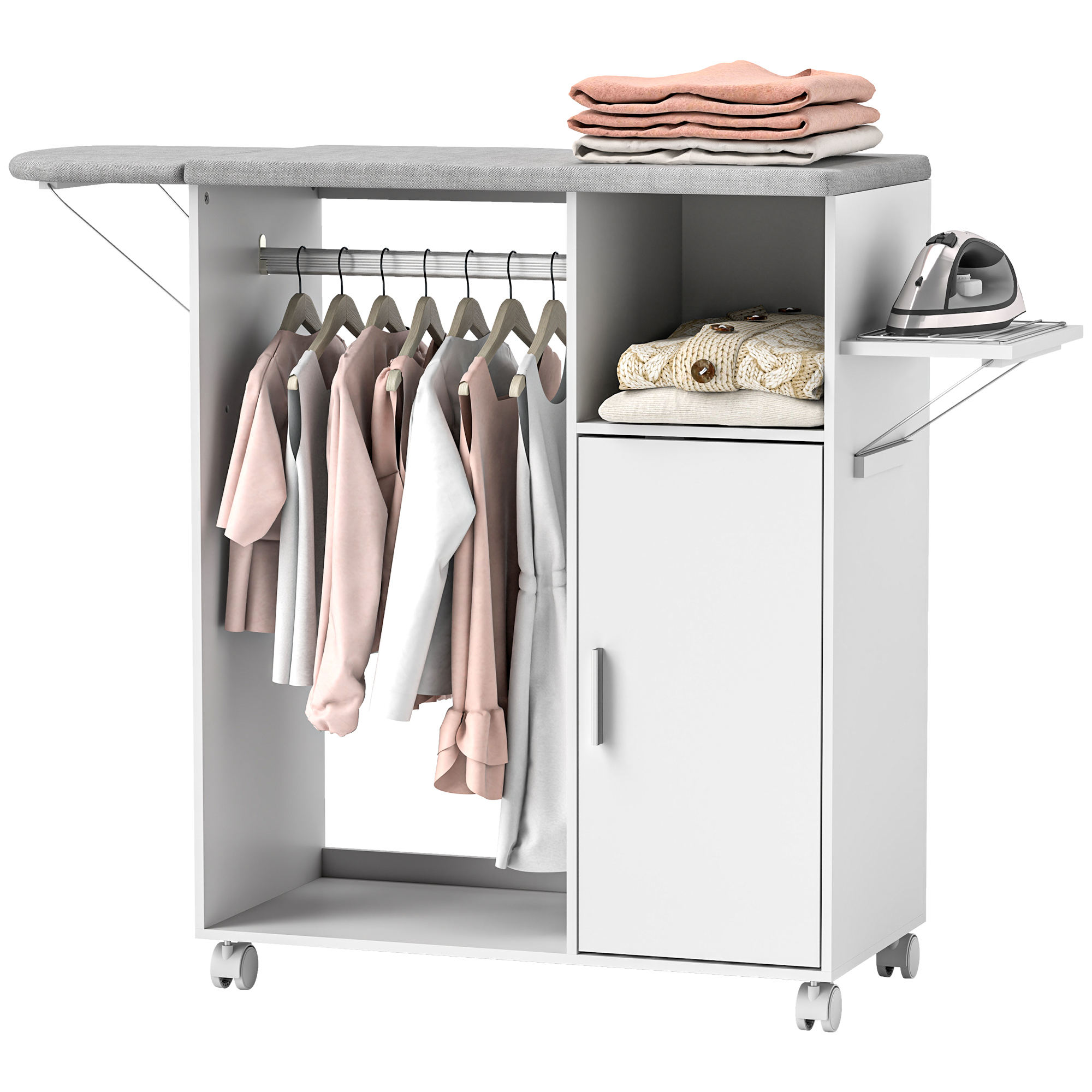 HOMCOM Mobile Bügelbrett aus Spanplatte und Schwamm mit Leinenstoff-Ablagefläche, 3 Würfelregalen und Aufhängung, 127x42,5x99 cm, Weiß   Aosom